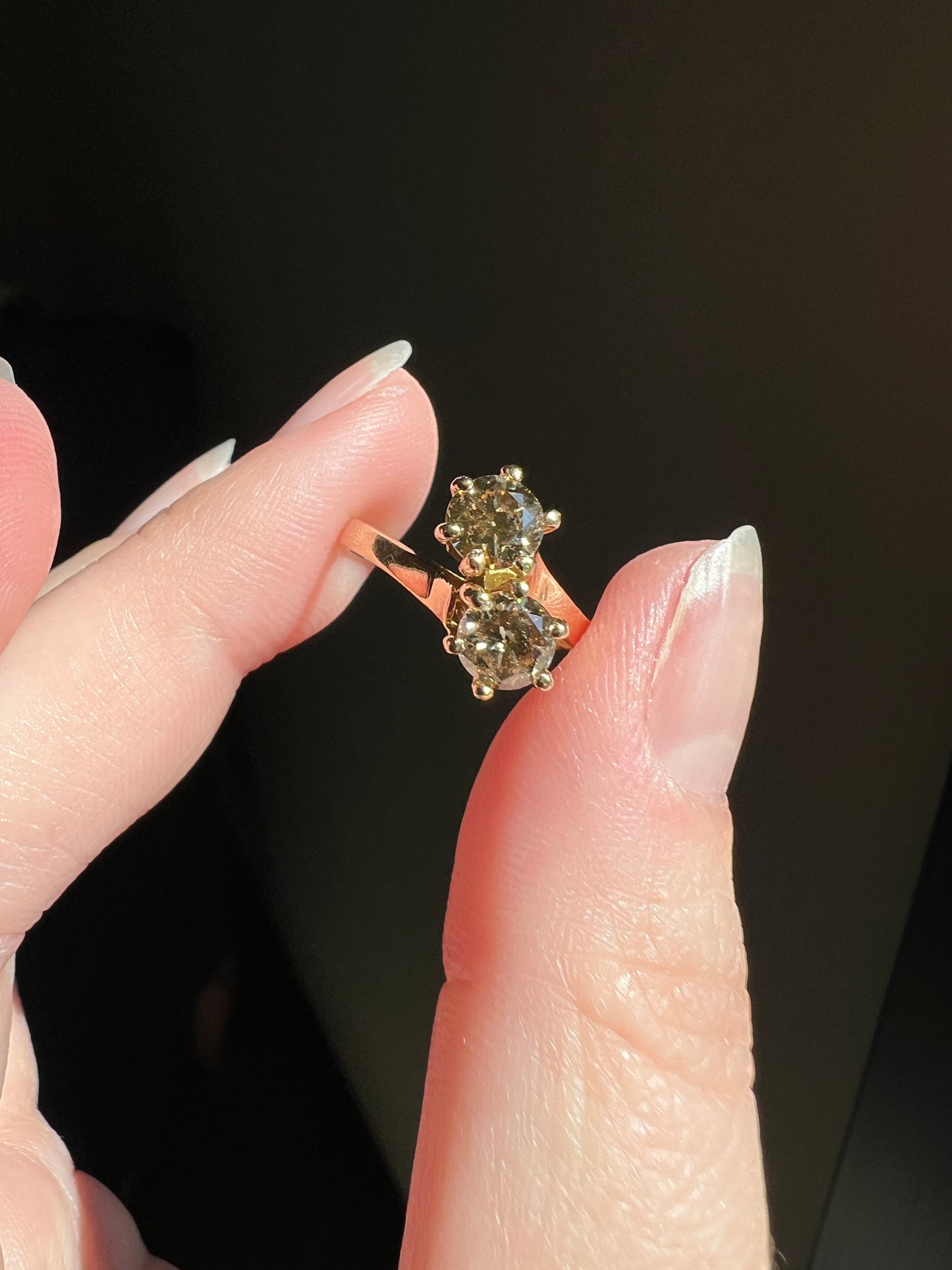 Fancy BROWN 1 Carat Tdw Transitional Cut DIAMOND Toi et Moi Ring 18k Gold Tall Champagne Cognac Stacker French Romantic Gift