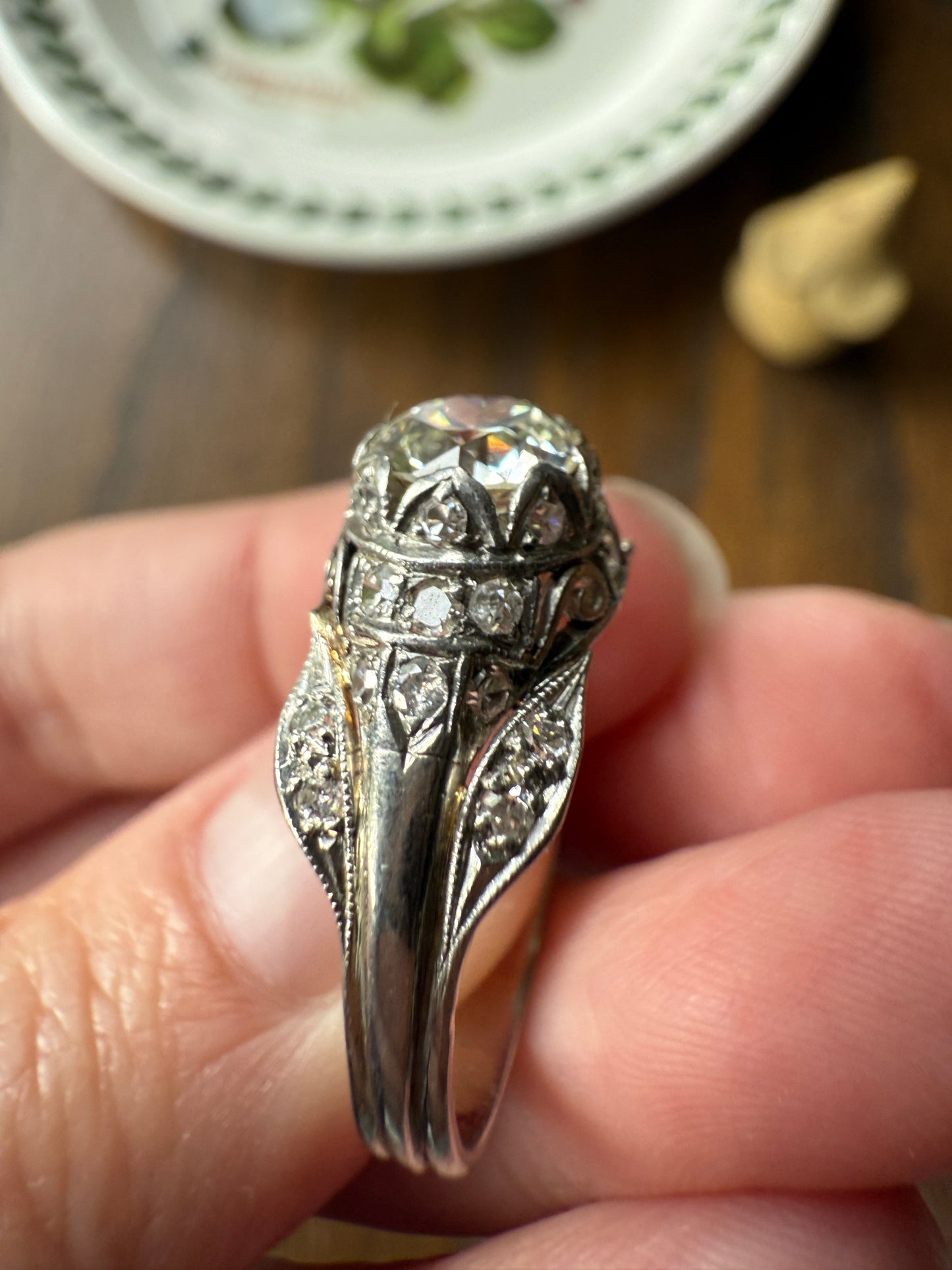 PLATINUM 1.7Ctw Art Deco Eye CLEAN Old European Cut Diamond Solitaire Engagement Ring w/ Wedding Set Wrap Encrusted Leaf Prong Antique c1928