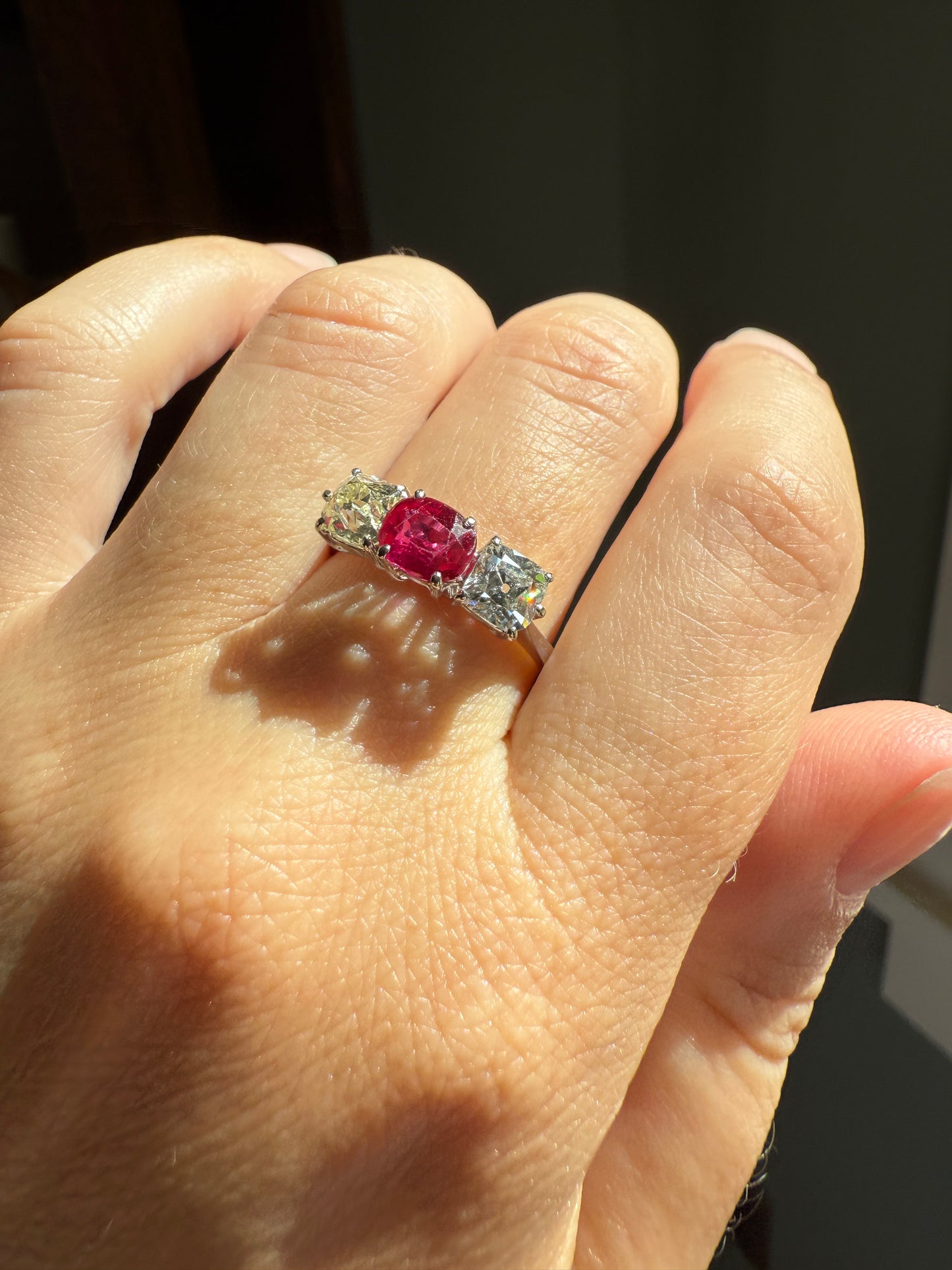 TALL Three Stone Square Old Mine Cut DIAMOND Natural Ruby 18k White Gold Ring Unique Stacker Setting Stackable Pinkish Red