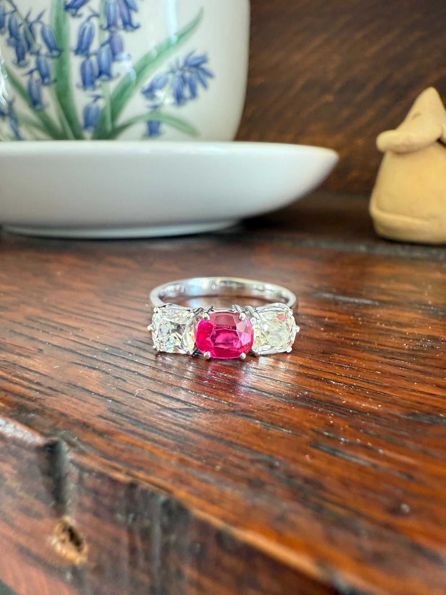 TALL Three Stone Square Old Mine Cut DIAMOND Natural Ruby 18k White Gold Ring Unique Stacker Setting Stackable Pinkish Red