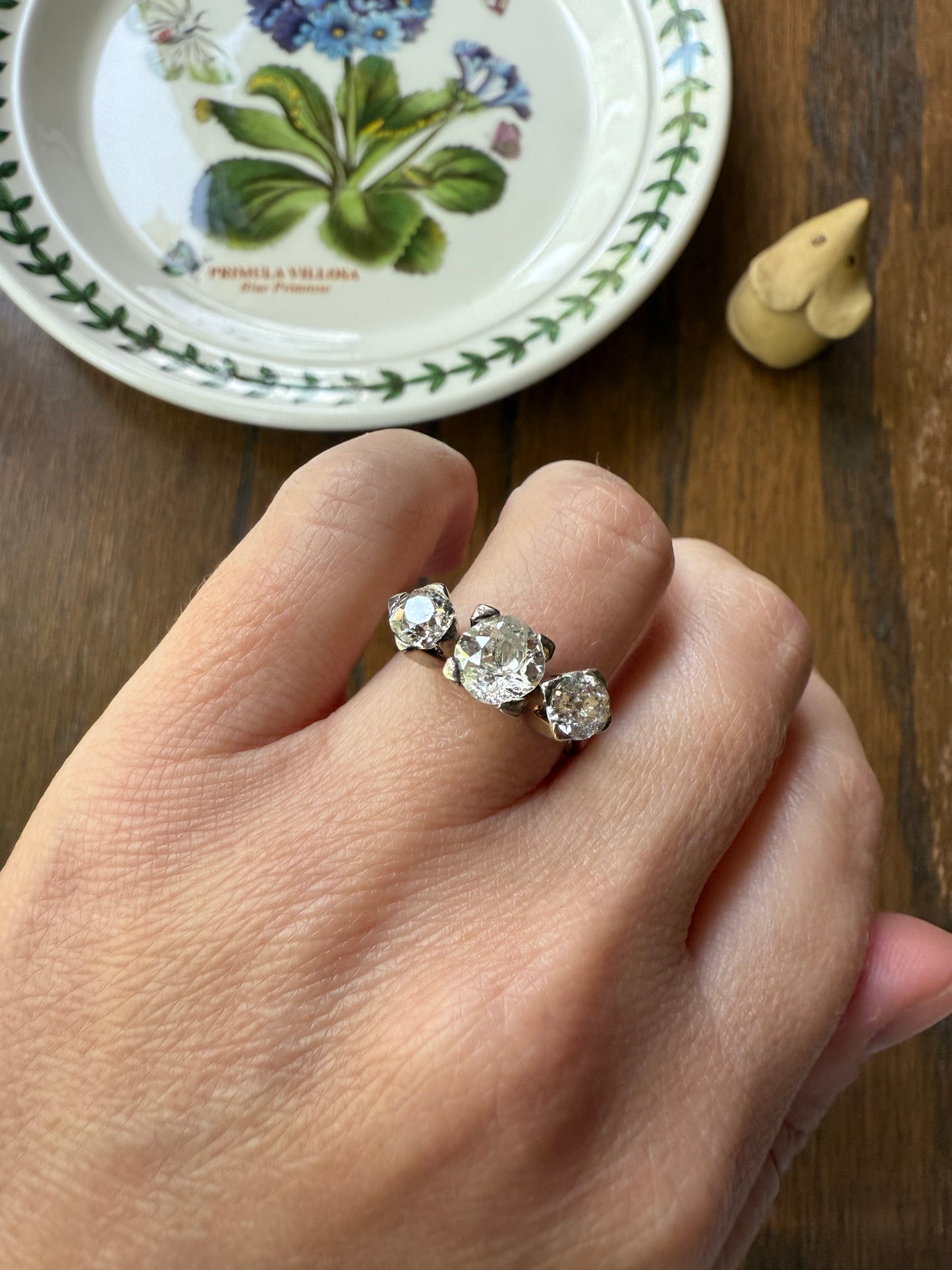 TALL Antique 2 CARATS Three Stone Chunky Old Mine Cut Diamond Ring 18k White Gold Art Deco