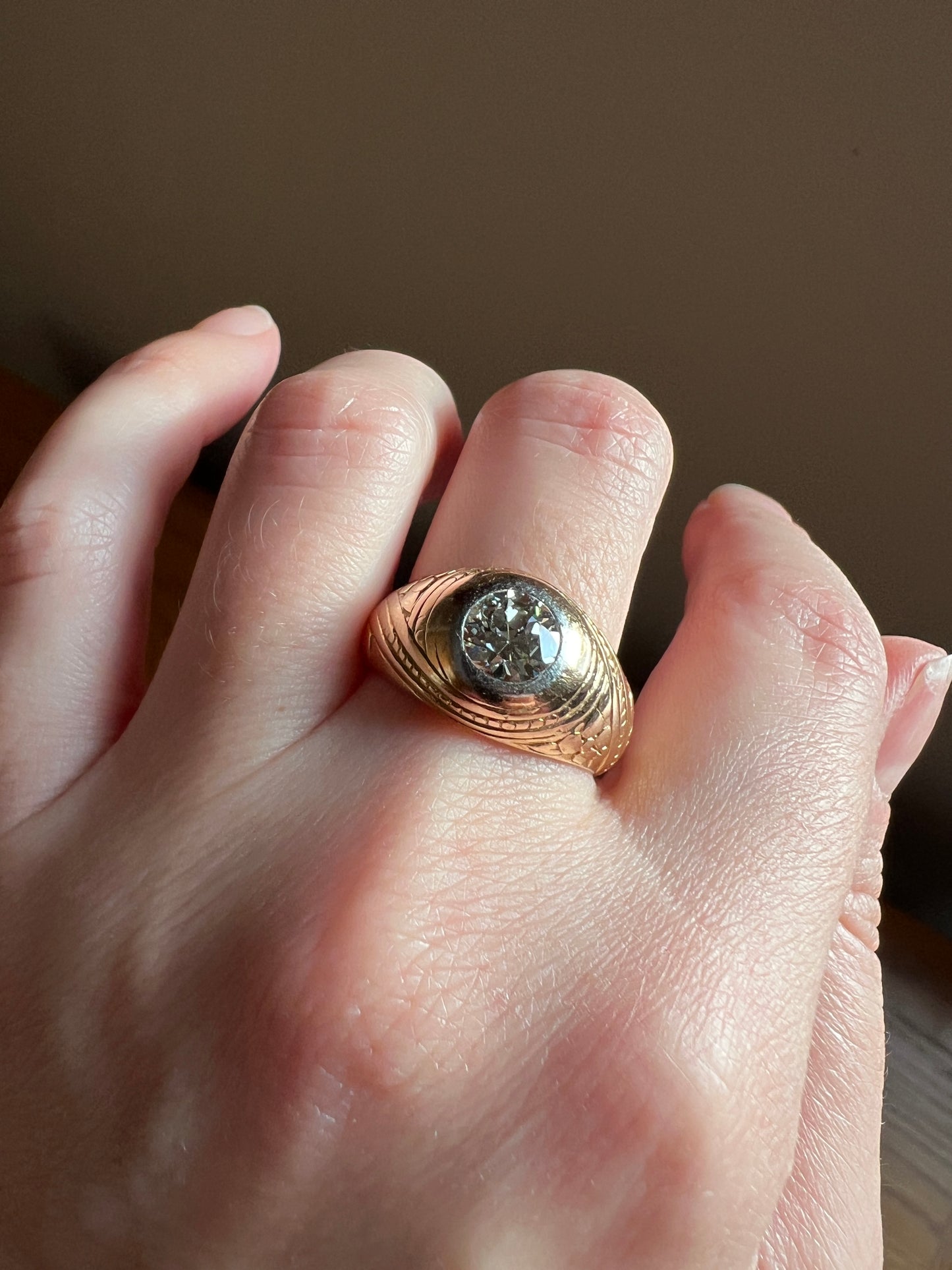 HEAVY 1.2 Carat Transitional Cut DIAMOND French Vintage 12g 18k Gold Forget Me Not Floral Gypsy Band Ring Chunky Unisex