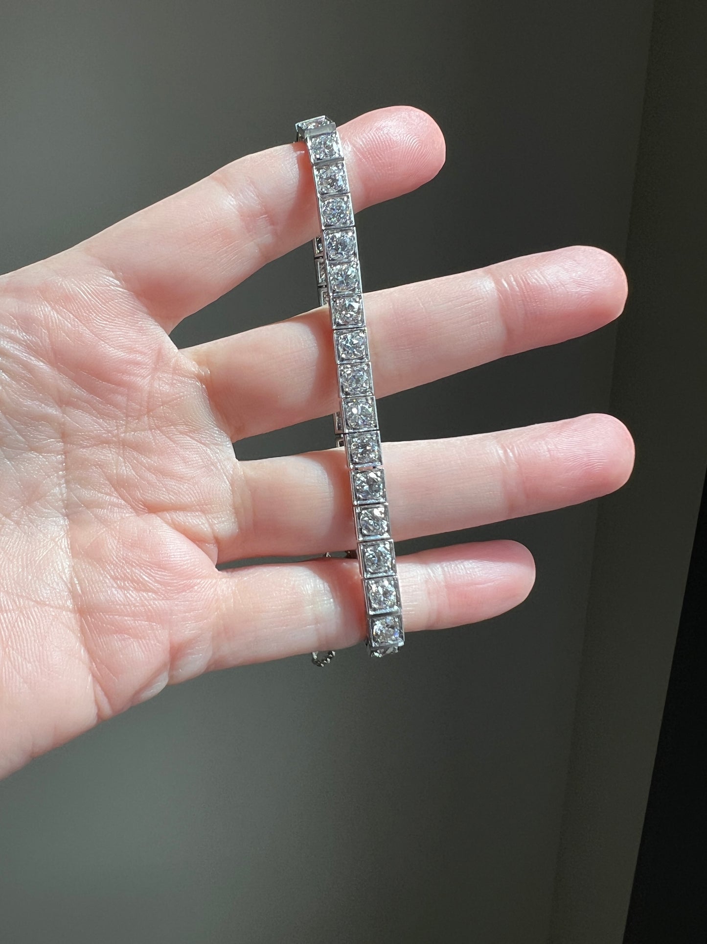 Antique 9.5 CARAT 35 Old European & Mine Cut DIAMOND Line Riviera Tennis Bracelet Platinum French Square Bezel Rivere Wriststack 9.5Ctw OmC