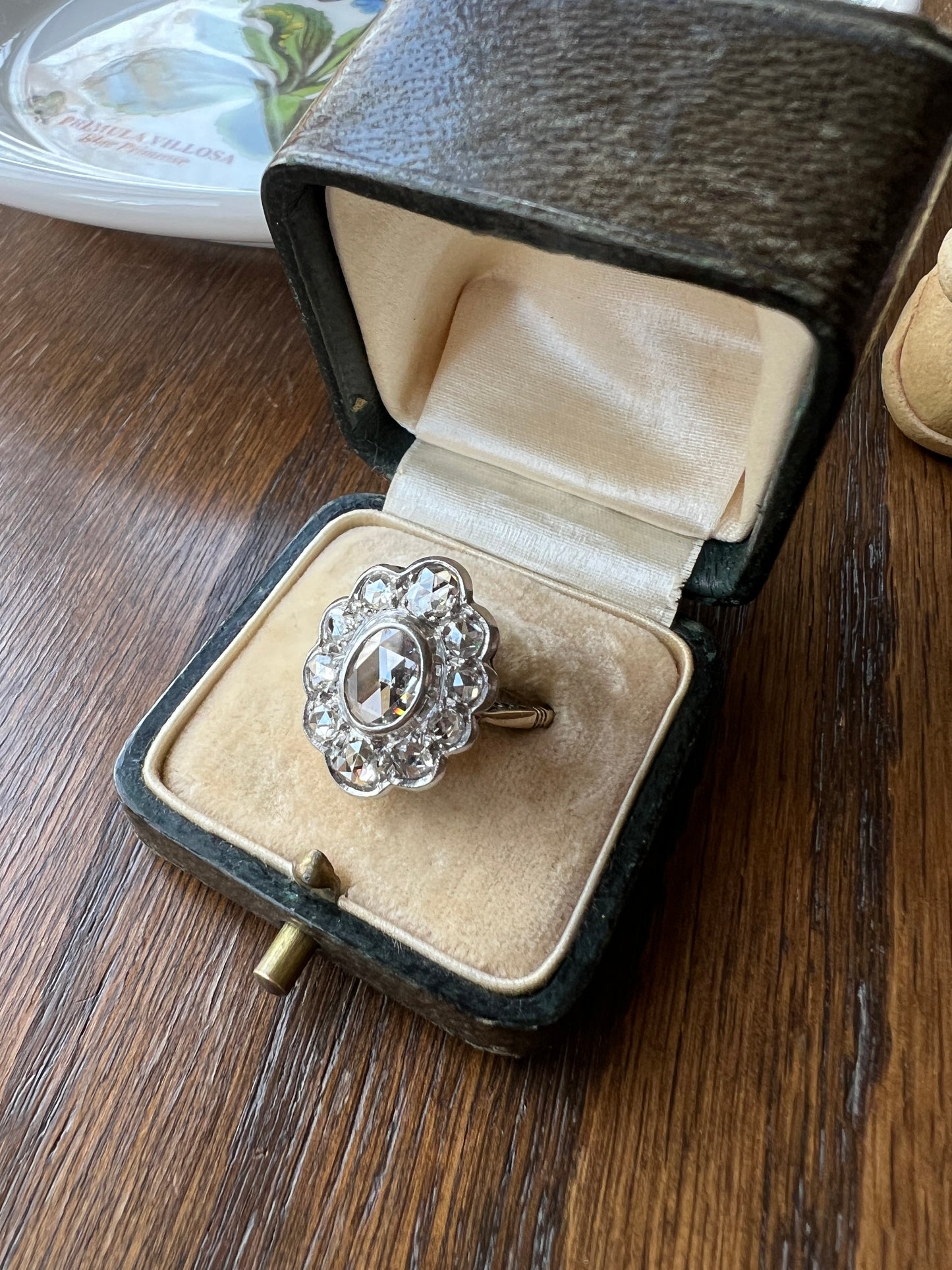 XL French Antique Open Back Oval Rose Cut DIAMOND Clear Disco Daisy Cluster Ring Victorian 18k Gold Platinum