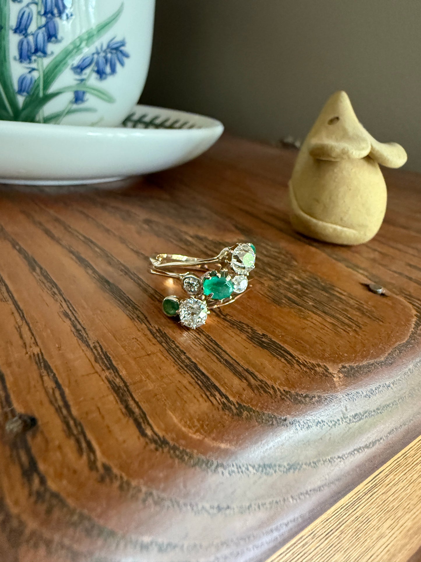 Antique EMERALD 1.4 Carat Old Mine Cut DIAMOND Angled Cluster Ring Chunky Victorian 18k Gold Two Levels Double Bands Green