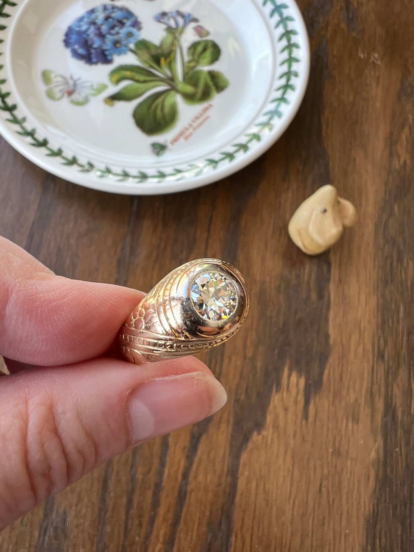 HEAVY 1.2 Carat Transitional Cut DIAMOND French Vintage 12g 18k Gold Forget Me Not Floral Gypsy Band Ring Chunky Unisex