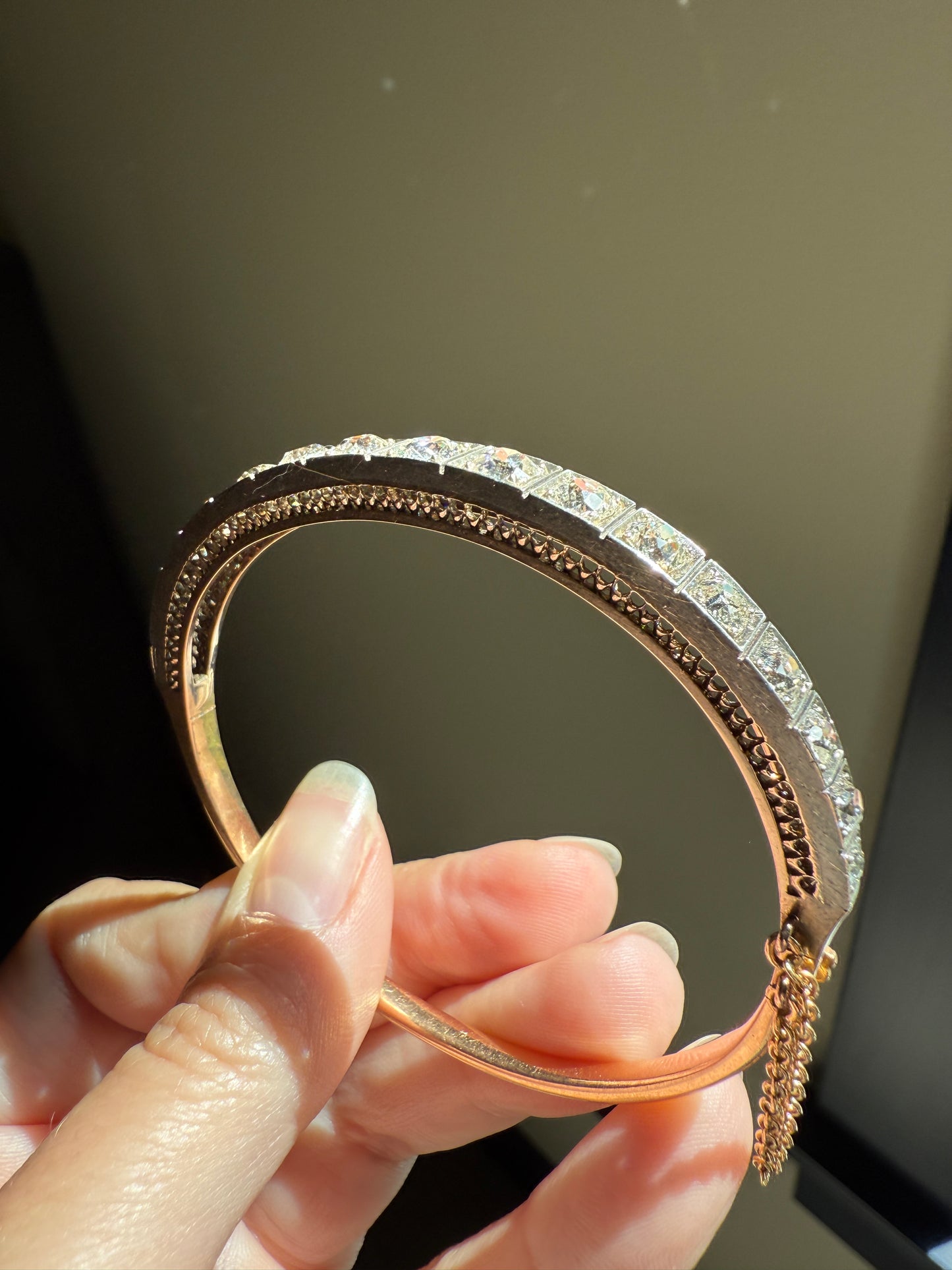 Antique 6.5 CARAT Old Mine Cut DIAMOND Hinged Bangle Line Bracelet 18k Gold Silver Top