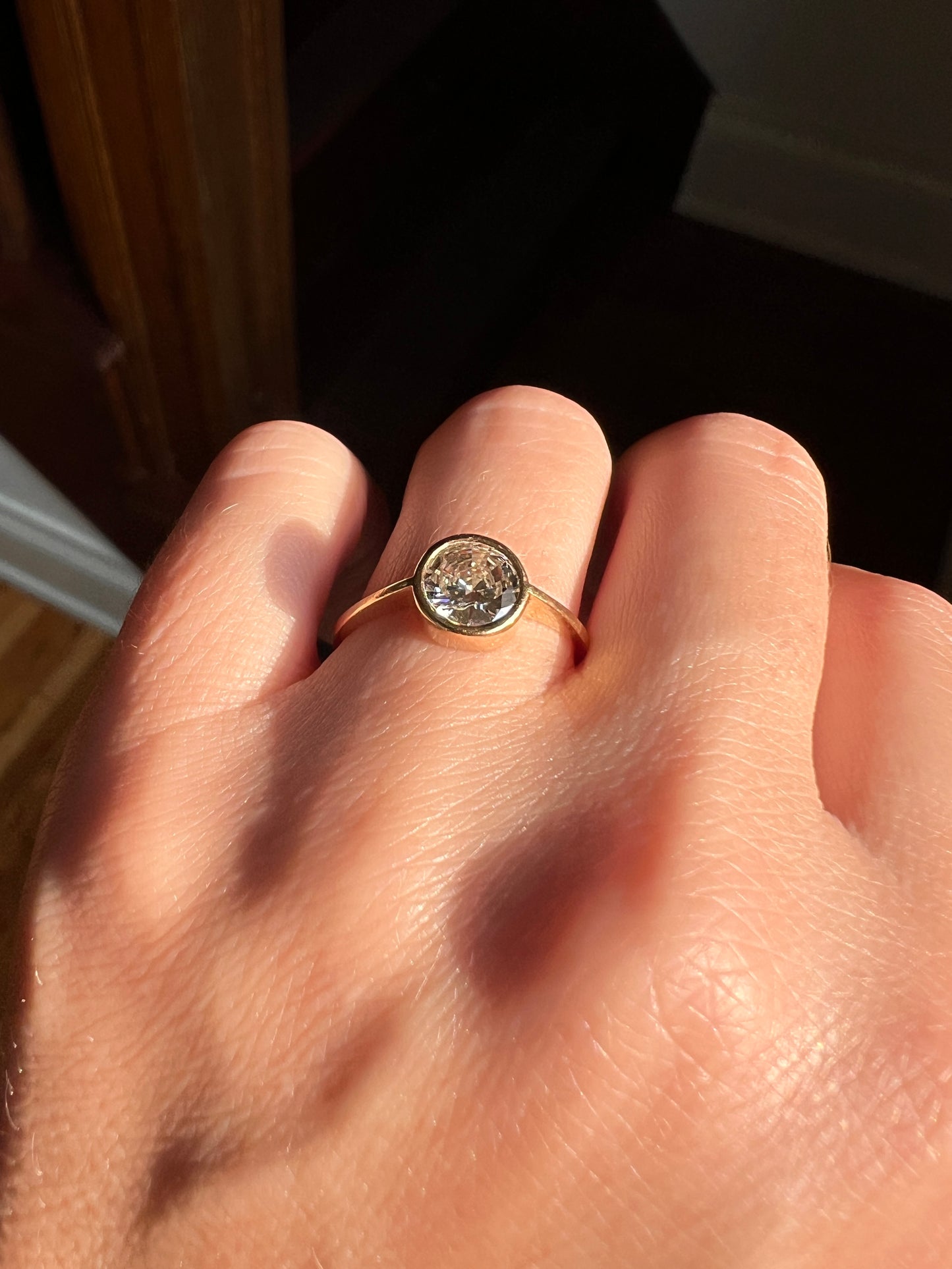 Art Deco .95 Carat Transitional Cut DIAMOND Bezel Set Ring Stacker Band French 18k Gold Solitaire