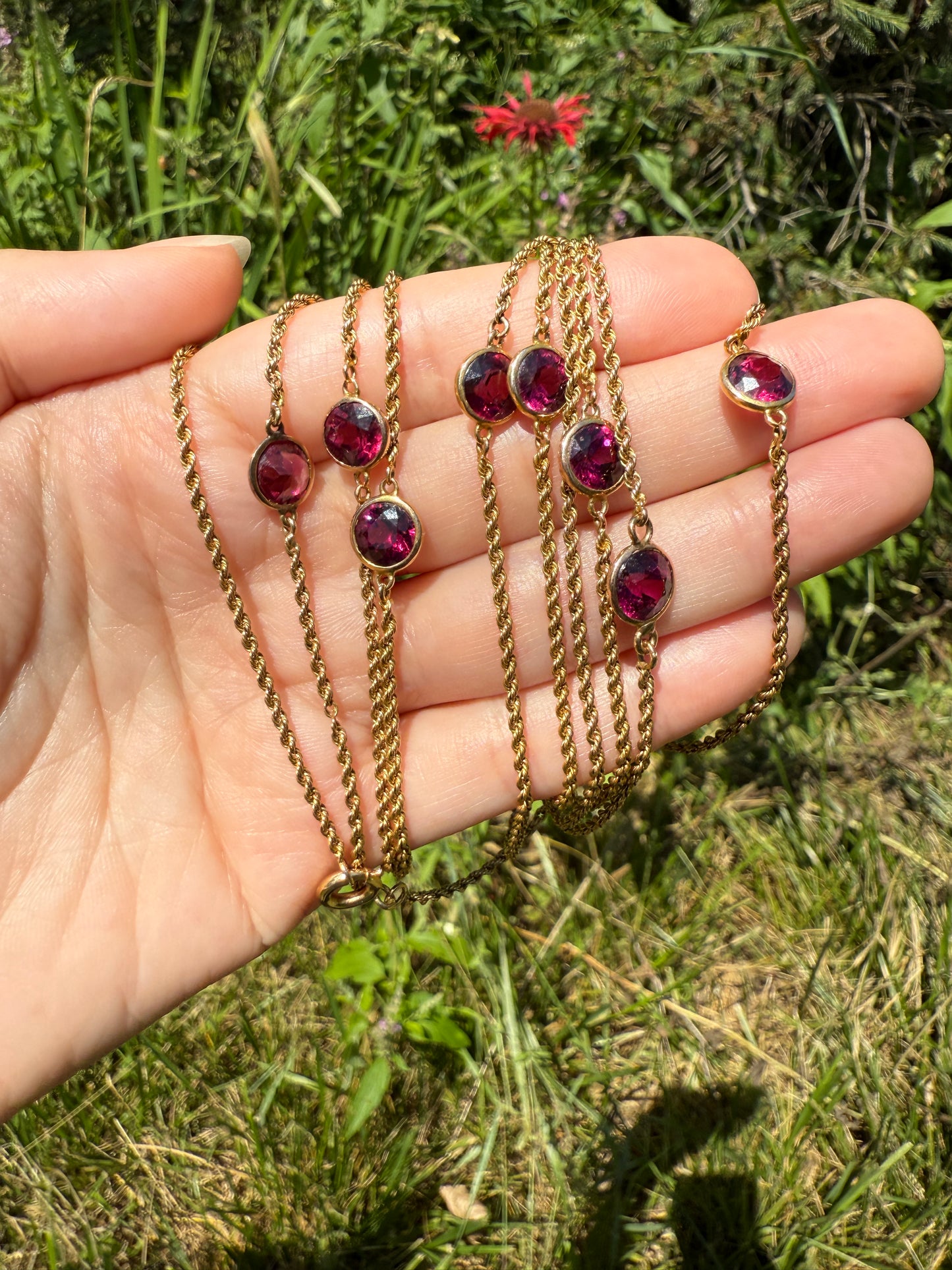 Victorian X Long Antique GARNET Station Chain Guard 67 Inch (!) 5.5 FEET 22g 14k GOLD Necklace Berry Pink Purple Neckmess Body Chain Gift