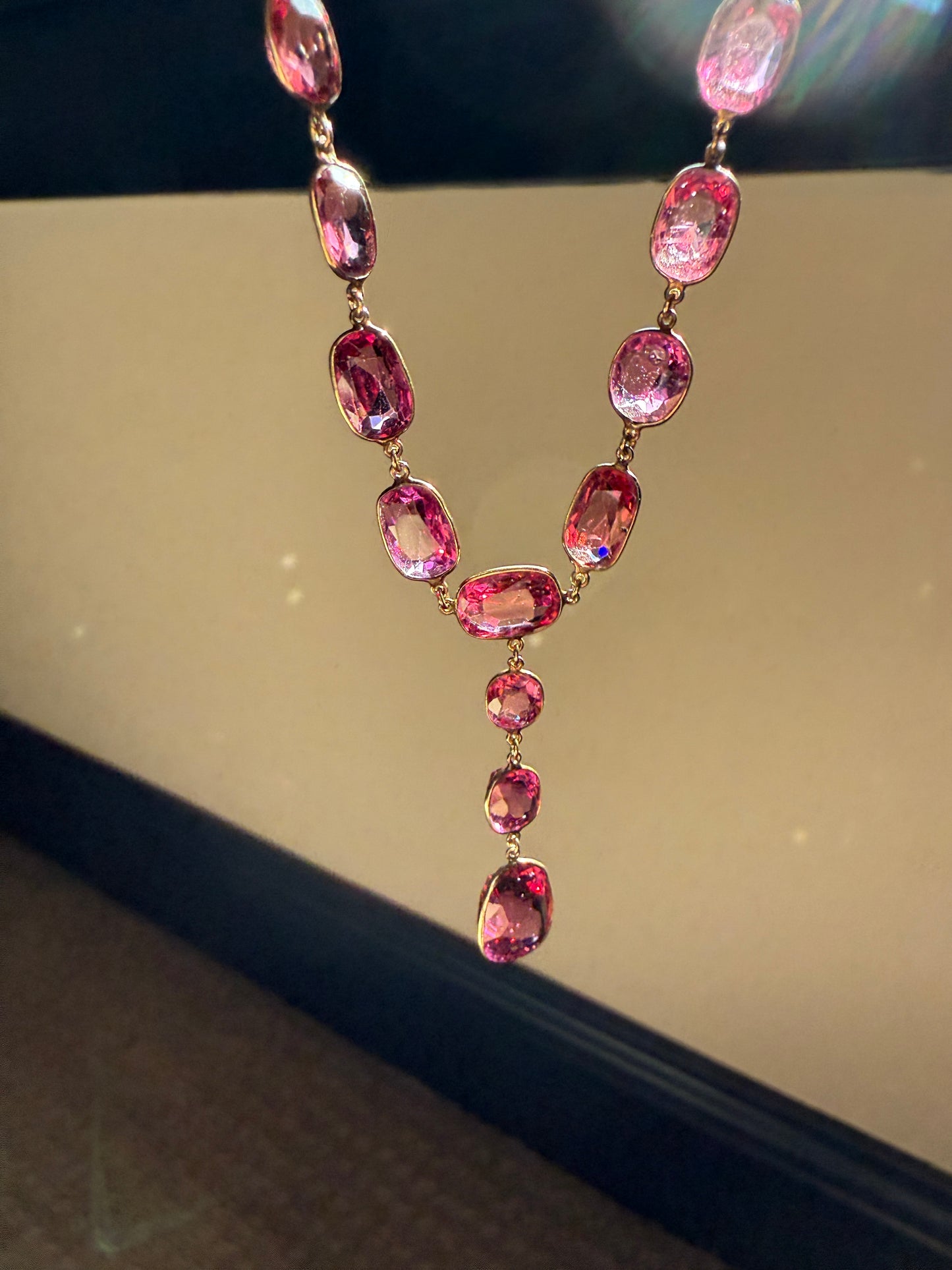 Antique 36 GARNET Riviera Station Chain 10k GOLD Berry Purple Pink Chunky Lariat Y Necklace Collar