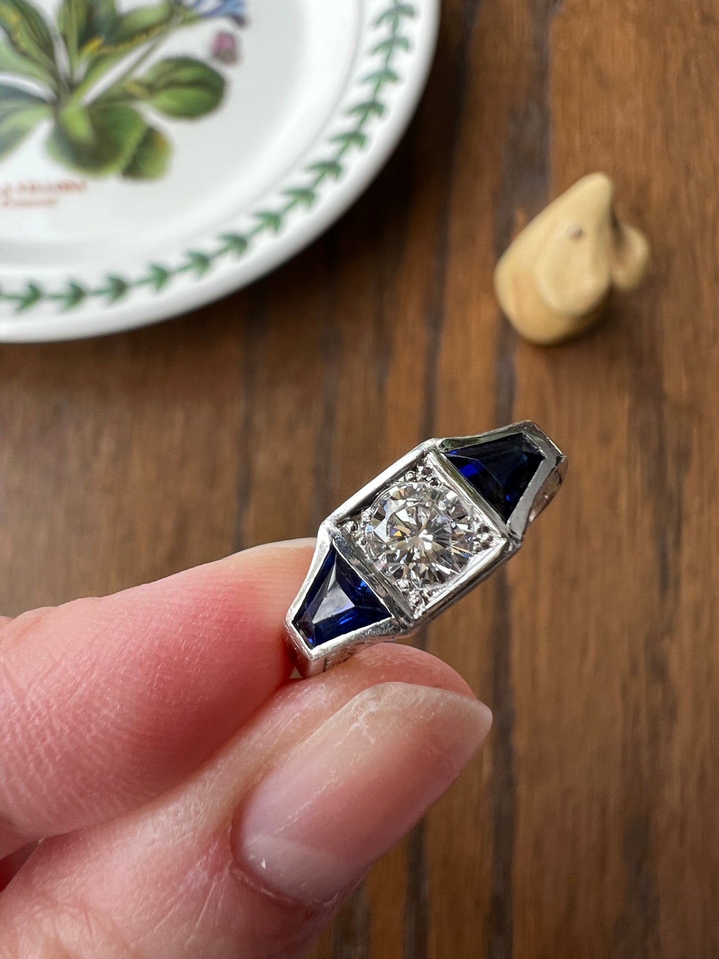 Three Stone FLORAL Engraved Vintage Art Deco Style .65Ct Diamond Sapphire Three Stone Ring French 18k White Gold