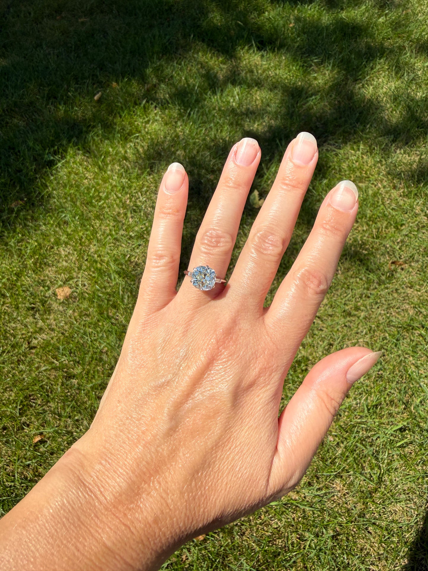 Chunky Vintage Four Carat Eye Clean Old Mine Cut Diamond Solitaire Engagement Ring French 18k White Gold Platinum Art Deco Baguette Tall OMC