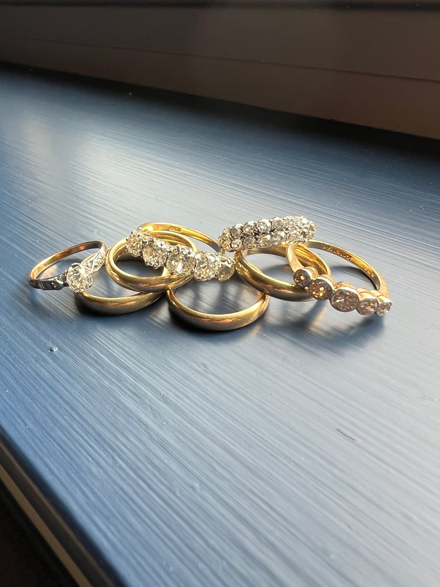 Antique One Carat Champagne White Old Mine Cut DIAMOND 18k Gold Platinum Five Stone Ring Bezel Set Band