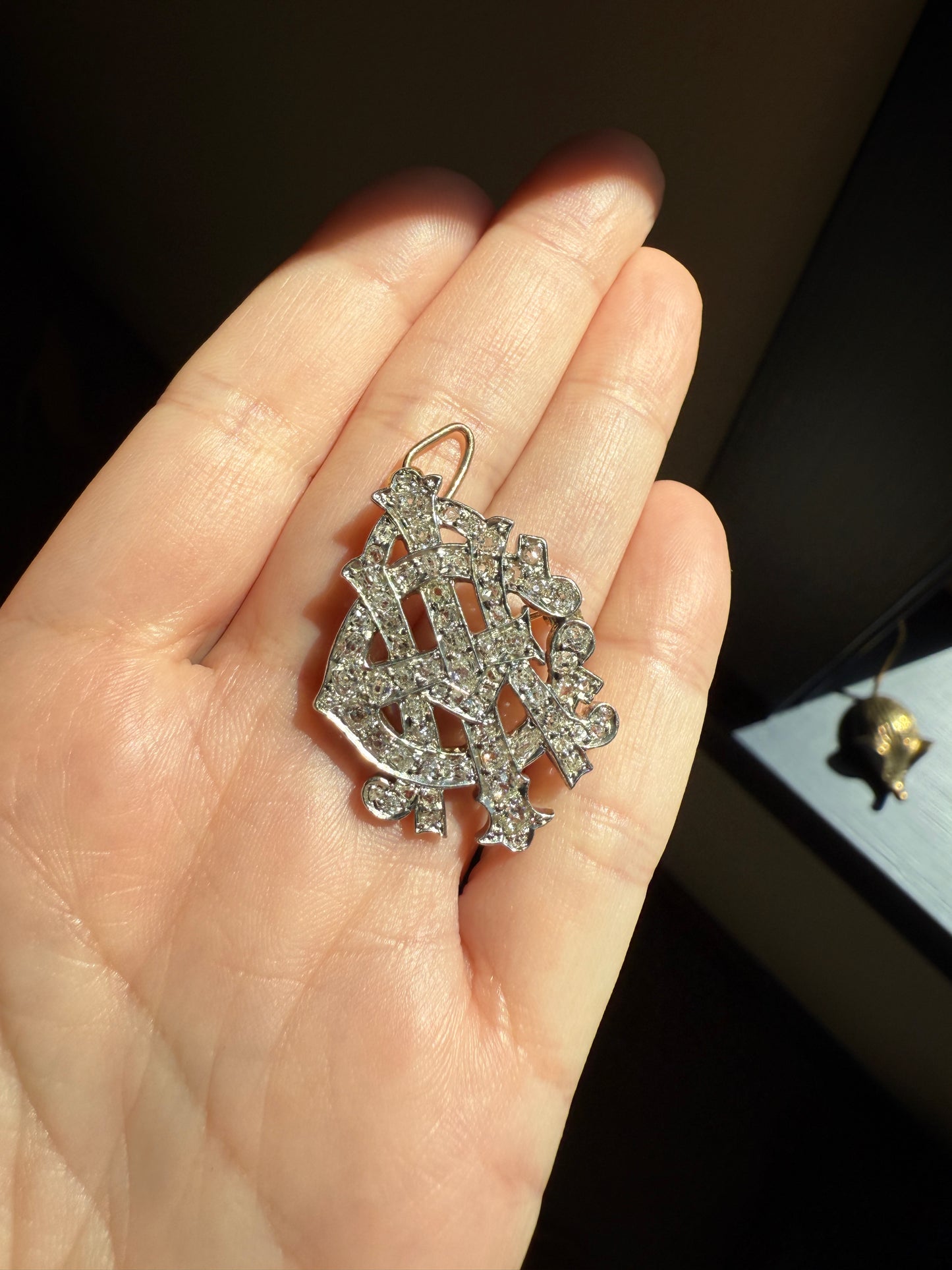 AEI Amity Eternity Infinity Antique 2.5 Carat Old Mine Rose Cut Diamond Initial XL Pendant Heavy Figural 14k Gold Platinum