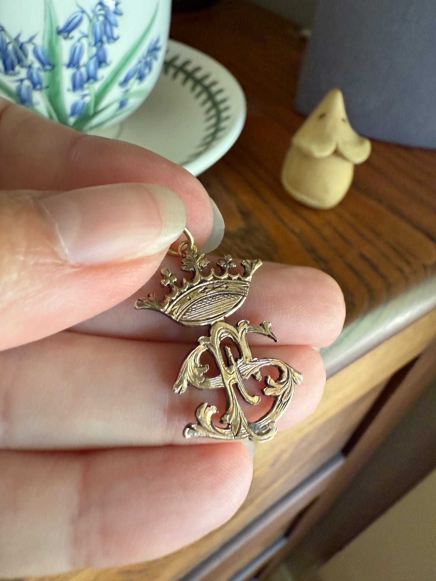 CROWN Figural Initial Pendant S E or F ? Solid Silver Vermeil Gold Plated Front Unique Charm Hand Engraved Openwork Detail