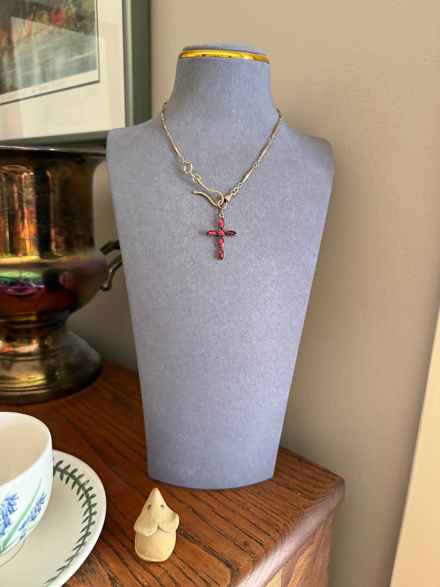 CROSS Figural Pendant French Antique Gold Fill Vibrant Pink Fuchsia Paste Rhinestone Faux Perpignan Garnet Marquise