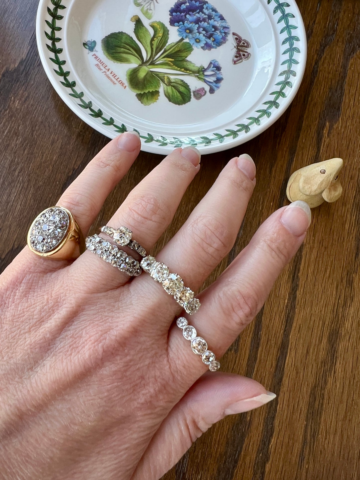 Antique One Carat Champagne White Old Mine Cut DIAMOND 18k Gold Platinum Five Stone Ring Bezel Set Band