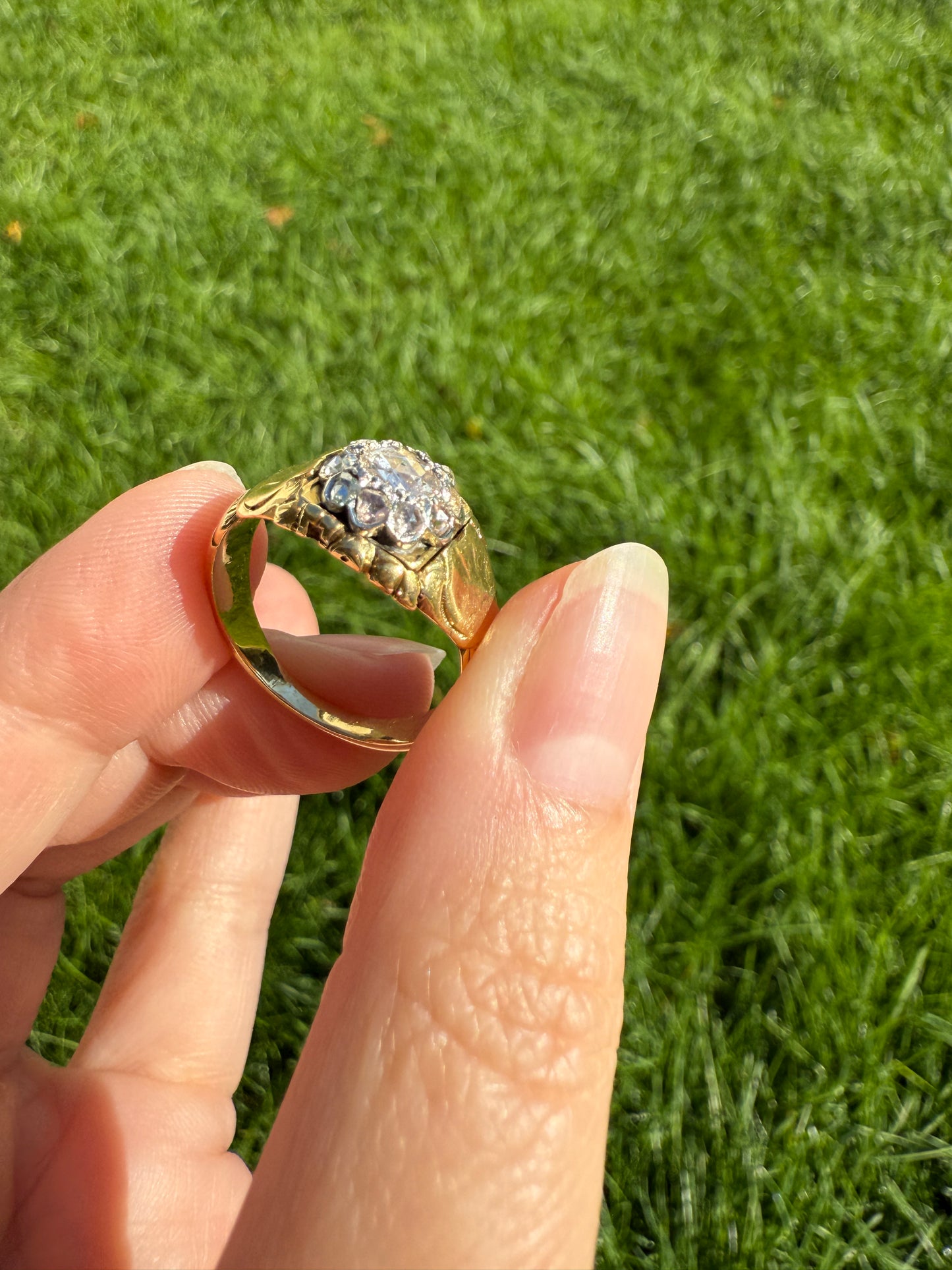 Chunky ANTIQUE Rose Cut Diamond Daisy Cluster Wide Band Heavy 18k Gold Gypsy Georgian Victorian Signet Man or Unisex Face Up 1 Carat Pink