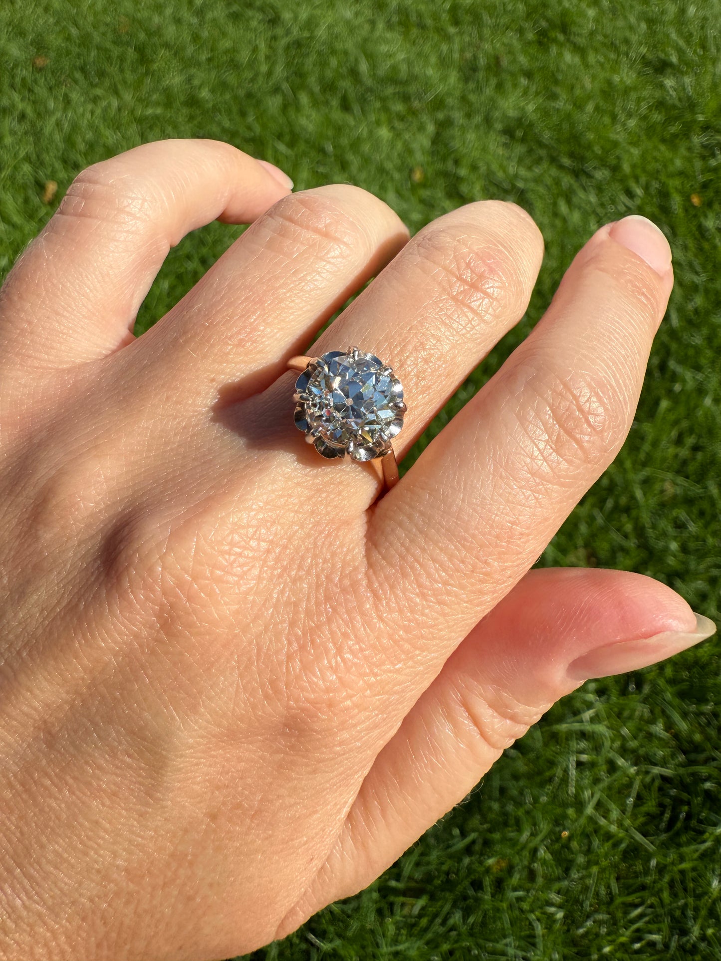 Special French Original Antique 3.5 CARAT Old European Cut DIAMOND Eye Clean Solitaire Engagement Ring 18k Rosy Gold Platinum Fiery OEC