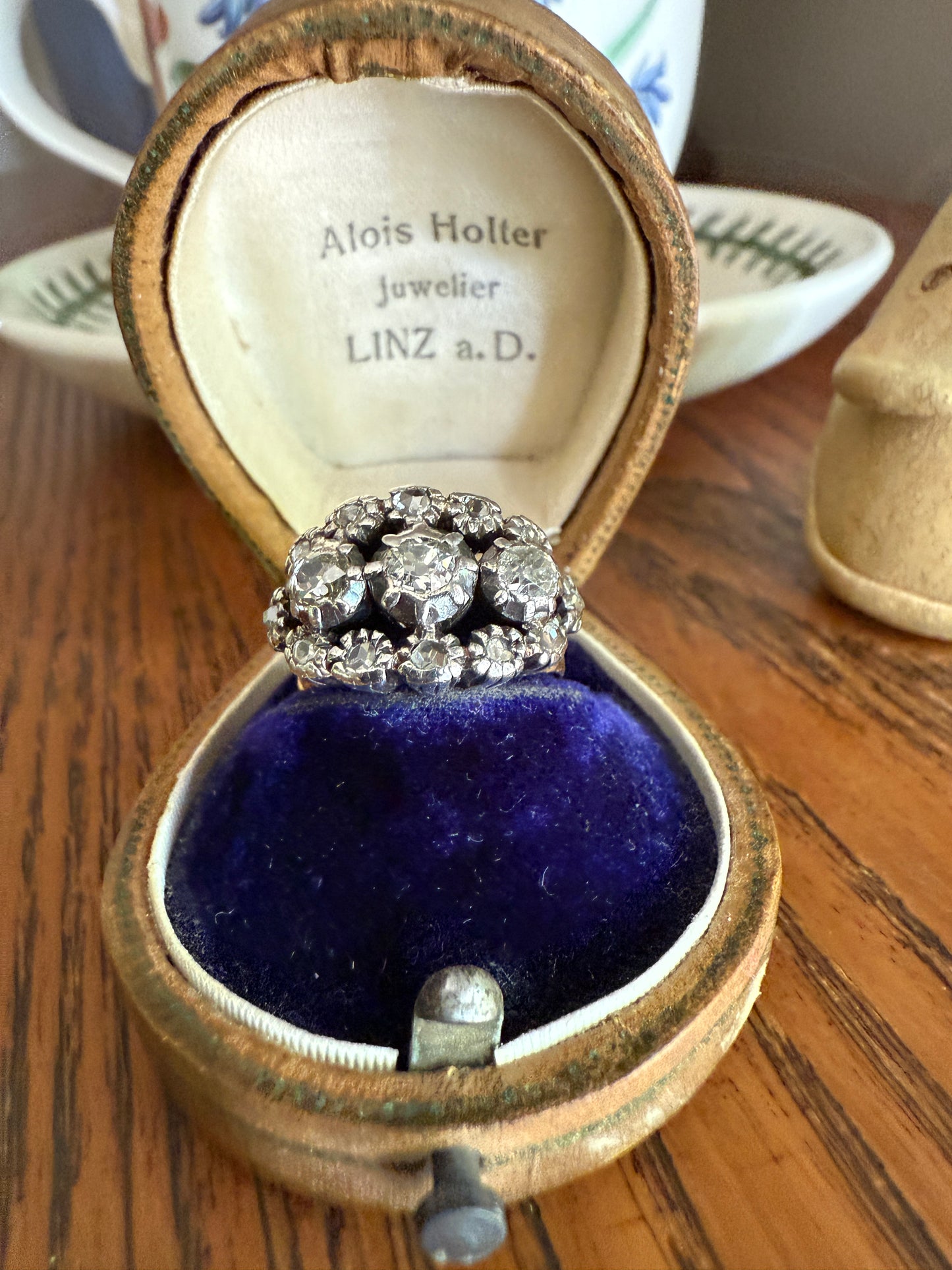 GEORGIAN Era Antique 1.5 Carat Spanish Iberian Triple Row Old Mine Rose Cut Diamond Ring Engraved Band 18k Gold Silver Collet
