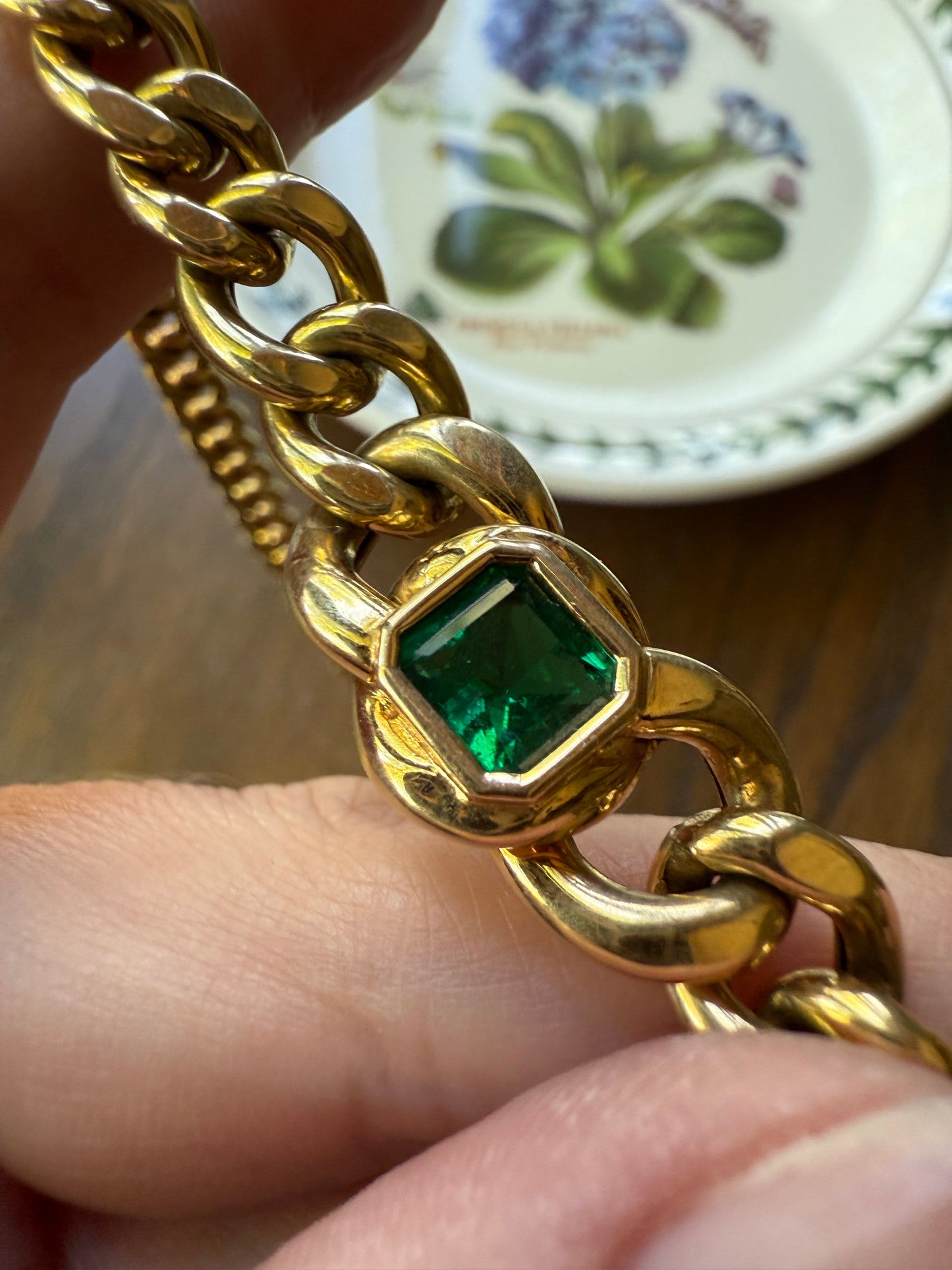 Vintage 26g 18k Gold Natural EMERALD French Curb Chain DATED Cert & ORIGINAL Gouache Drawing Design Heavy Unisex Chunky Green