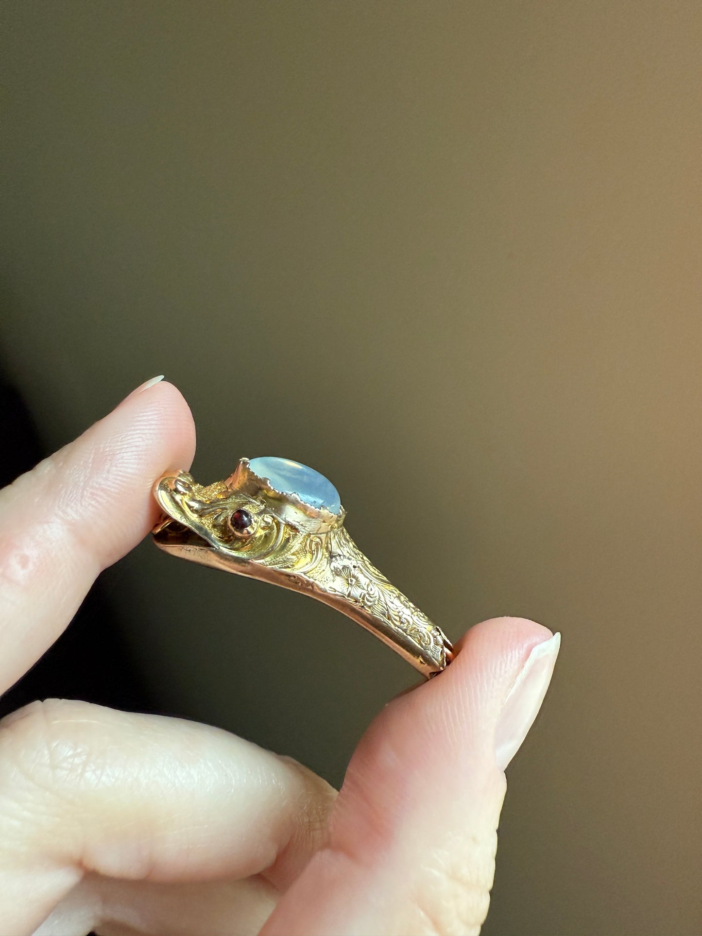 MOONSTONE Smiling SNAKE Large Victorian Antique Pendant CONNECTOR Extender Figural 10k Gold Solid Swivel Engraved Head Garnet Eyes
