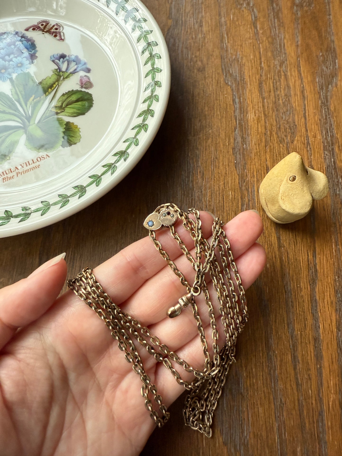 Two HEARTS Moon Star Slide Victorian Art Nouveau Warm Rosy Gold Fill Long Guard Muff Watch Chain Necklace Pearl & Opal