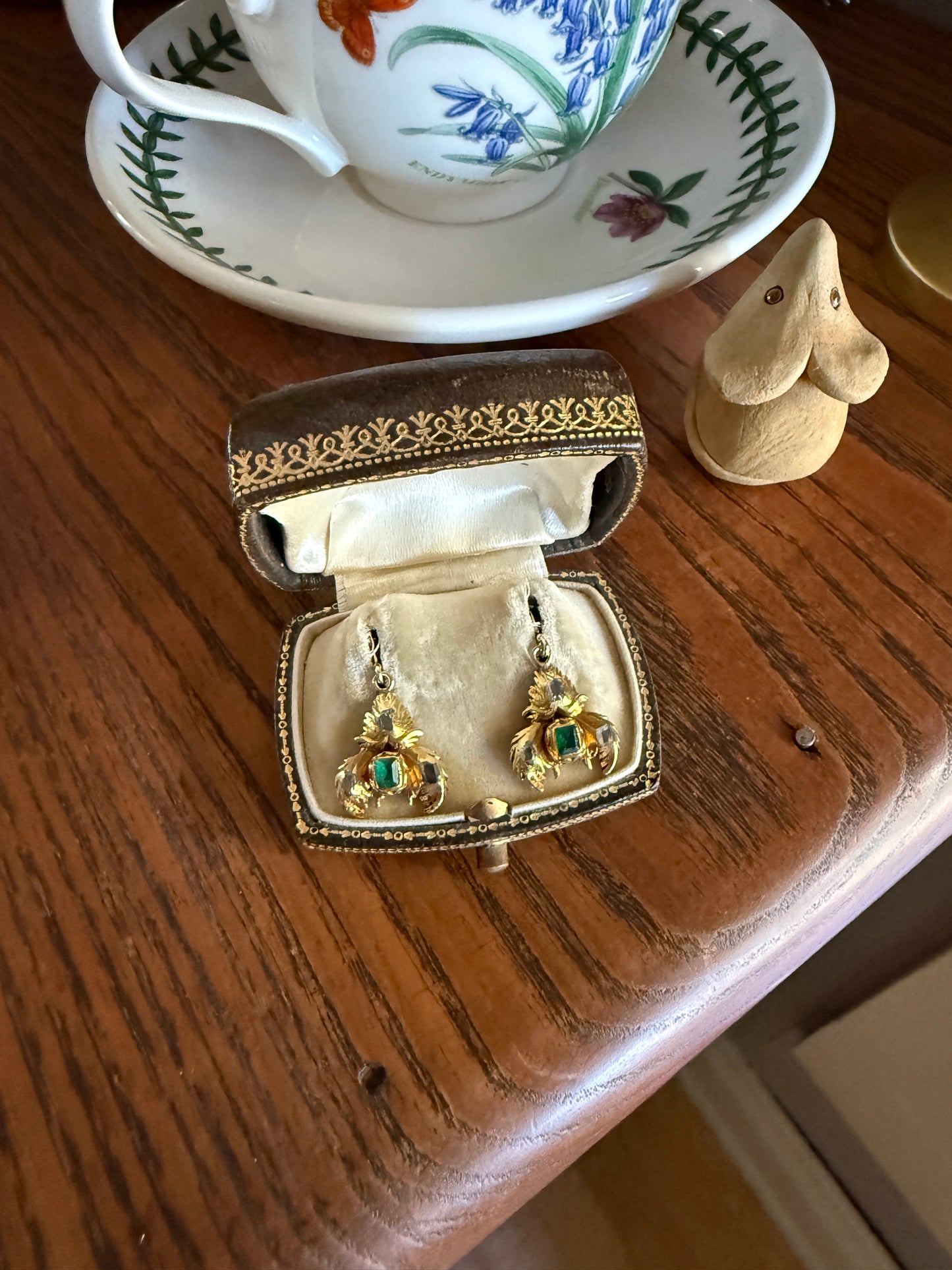 Antique EMERALD Table Cut DIAMOND Enamel Backed 18k Gold & 14k Dangle EARRINGS Georgian Renaissance Revival Green One of a Kind