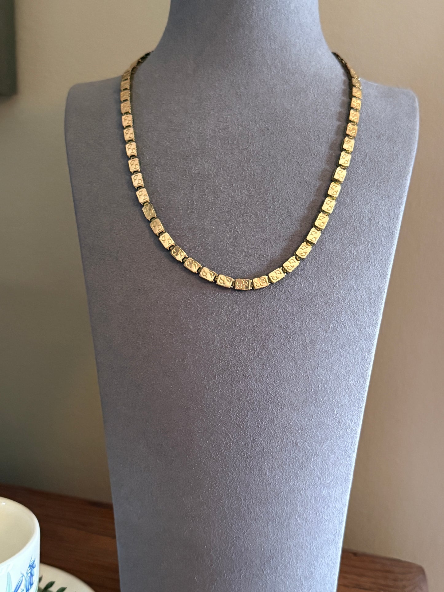 VICTORIAN Antique Book CHAIN Shimmering Necklace Gold Fill Rectangular Link Reversible Swirl Design Dog Clip