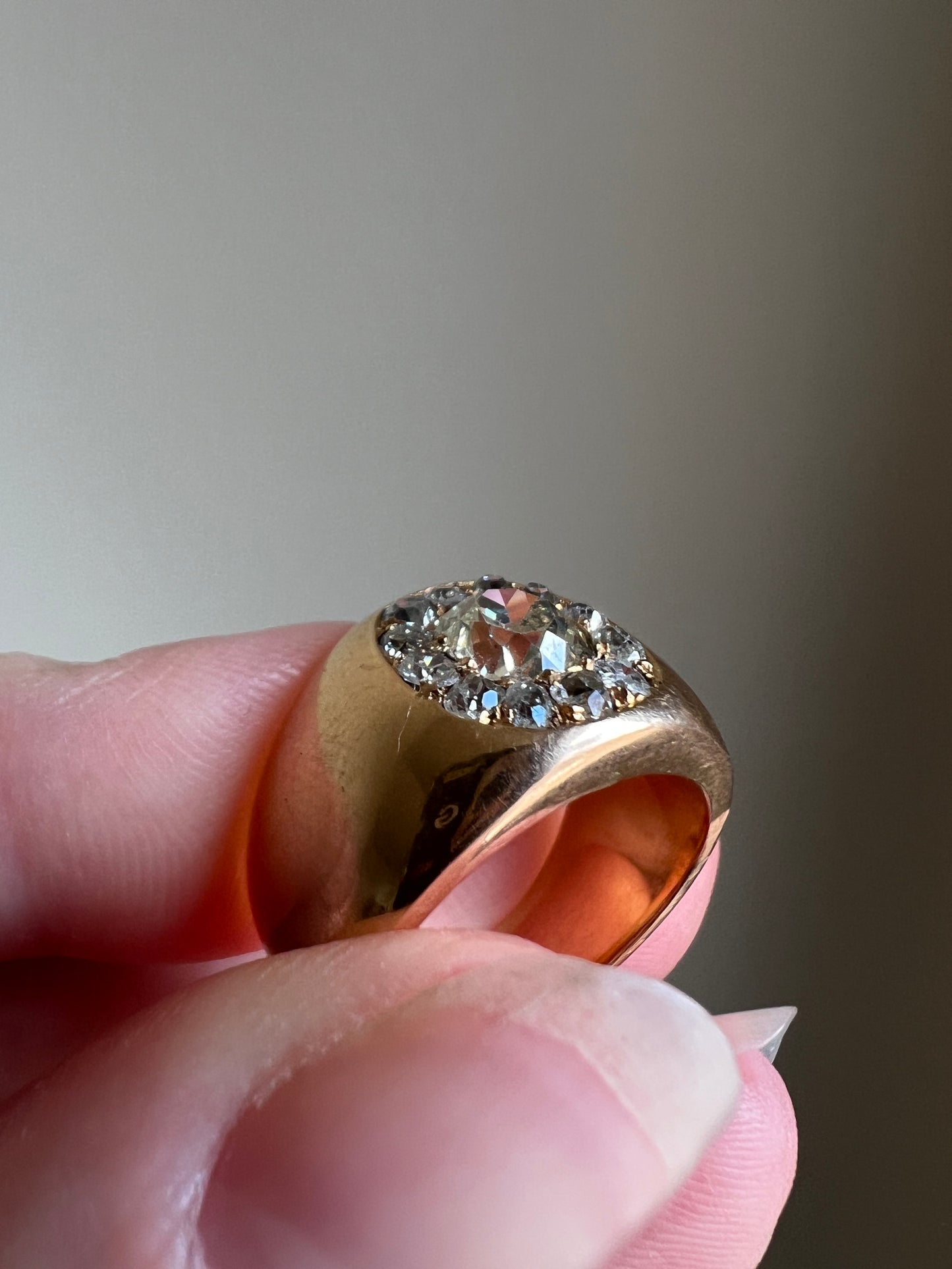 ANTIQUE 1 1/4 Carat Eye Clean Old Mine Cut DIAMONDS Chunky 18k Gold 12mm Wide Cigar Band Cluster Halo Ring French Cobblestone