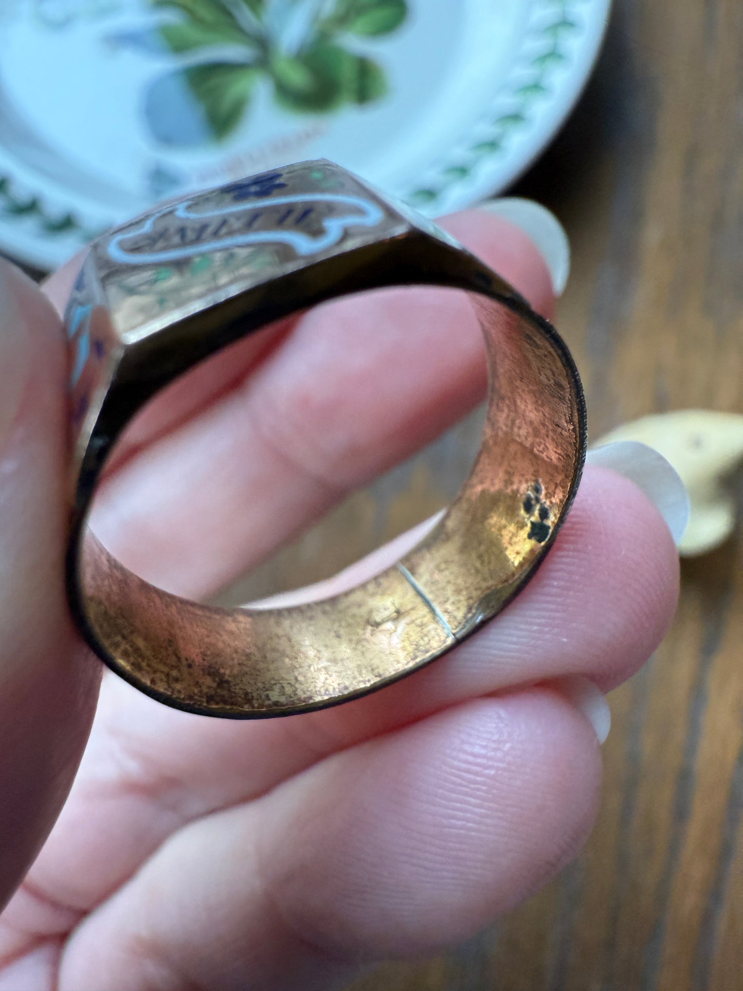 AMITIE French "Friendship" Gold Filled Wide Band Betrothal Ring Traditional Engagement Unique Stacker Enamel