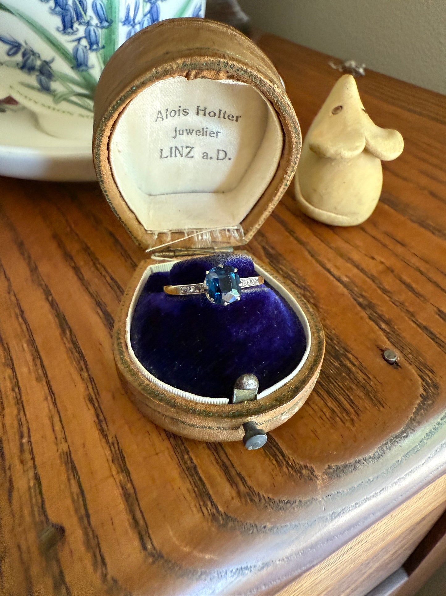 French Antique Old Cut Peacock Blue Green SAPPHIRE Rose Cut DIAMOND Natural Antique Solitaire w/ Accents Alt Engagement Ring
