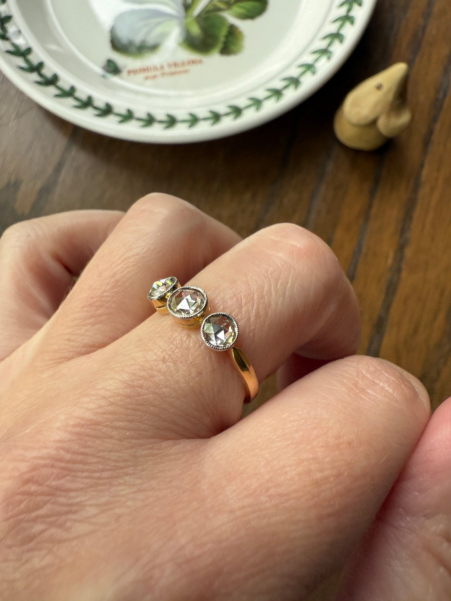 Antique Eye Clean Rose Cut DIAMOND Three Stone Ring Stackable Band Open Back 18k Gold Bezel Set