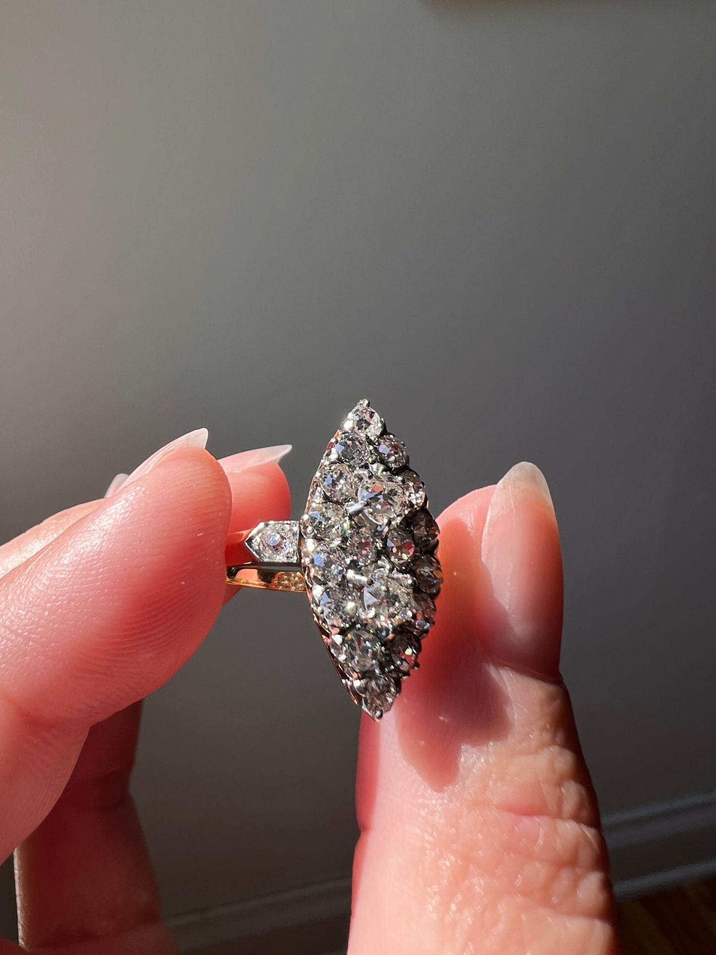 Unique Antique 1.75 Carat Old Mine Cut DIAMOND Toi et Moi Navette Cluster Ring French 18k Gold