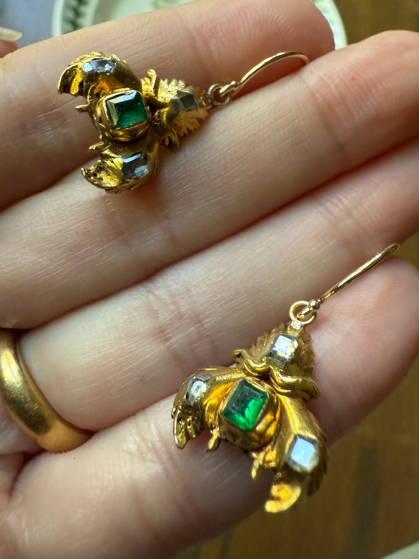 Antique EMERALD Table Cut DIAMOND Enamel Backed 18k Gold & 14k Dangle EARRINGS Georgian Renaissance Revival Green One of a Kind