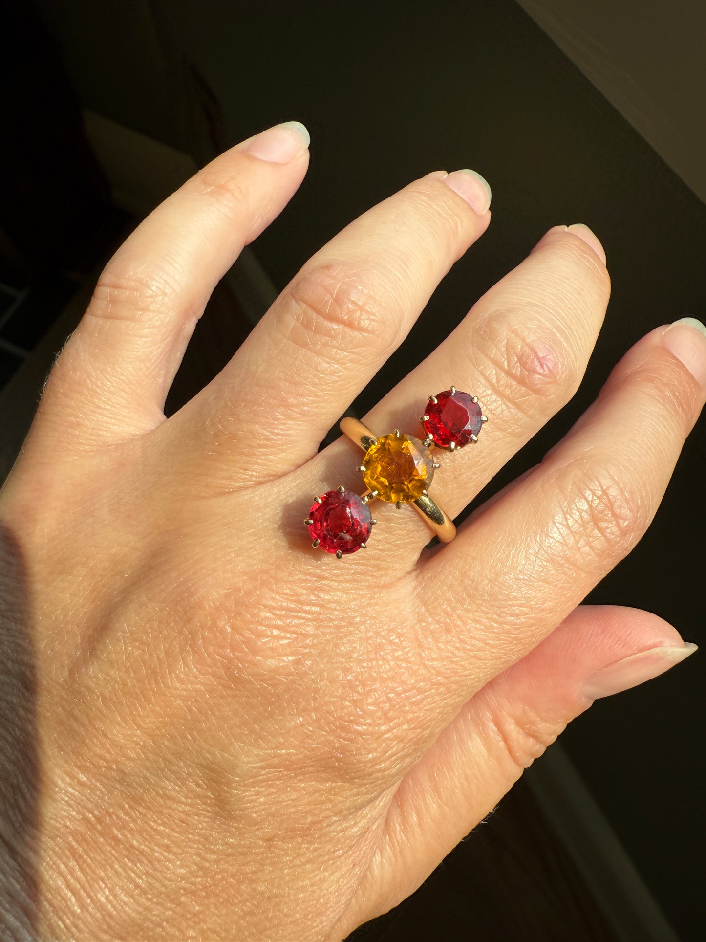Dated 1924 Old Cut Antique Paste Three Stone Yellow & Red Crown Prong Setting 18k Gold Engraved Colorful Ringstack French Art Deco