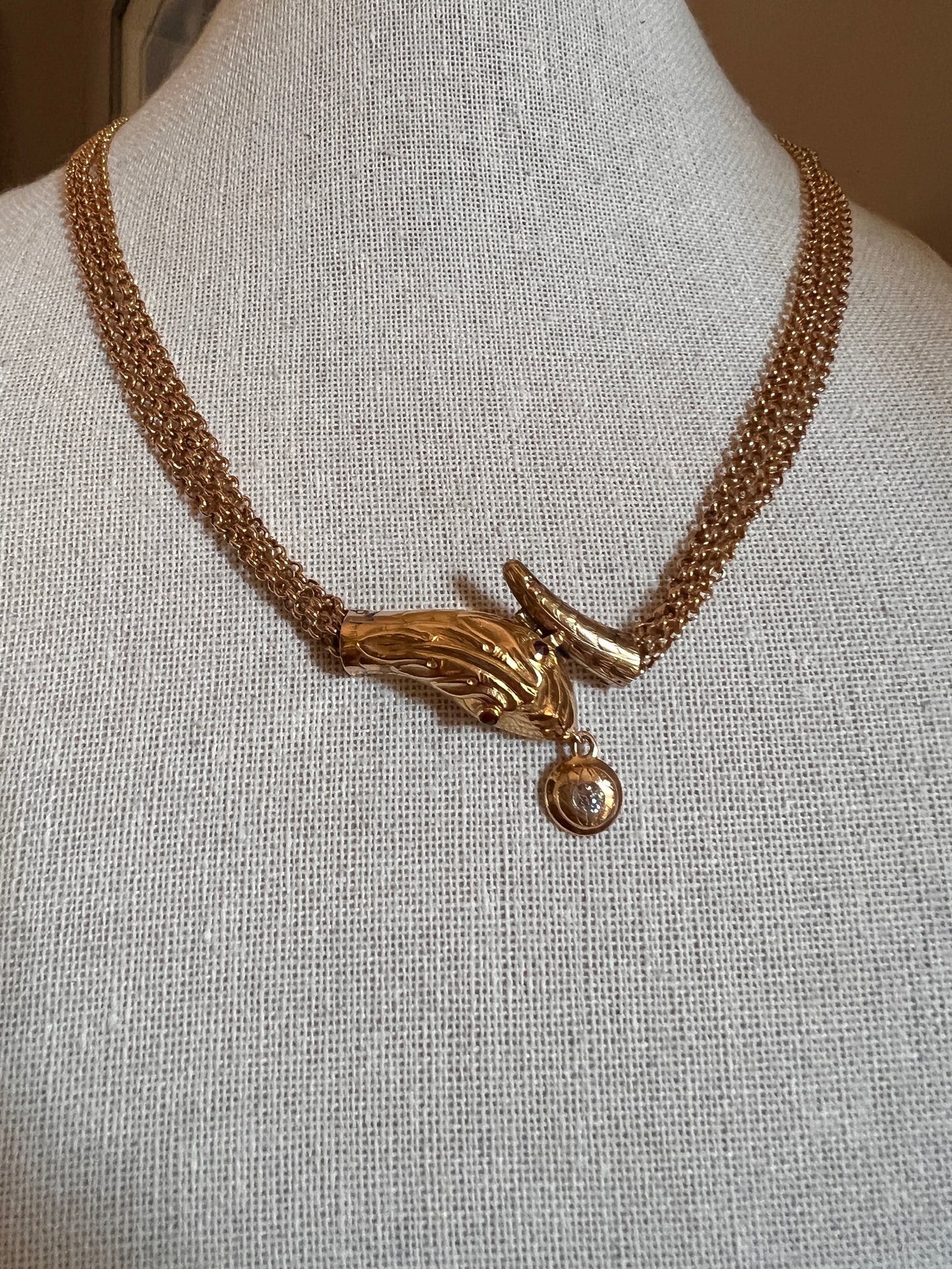 SNAKE Georgian Antique Old Mine Cut DIAMOND Four Multi Strand Cable Chain NECKLACE 18k Gold Figural Serpent Garnet Eyes