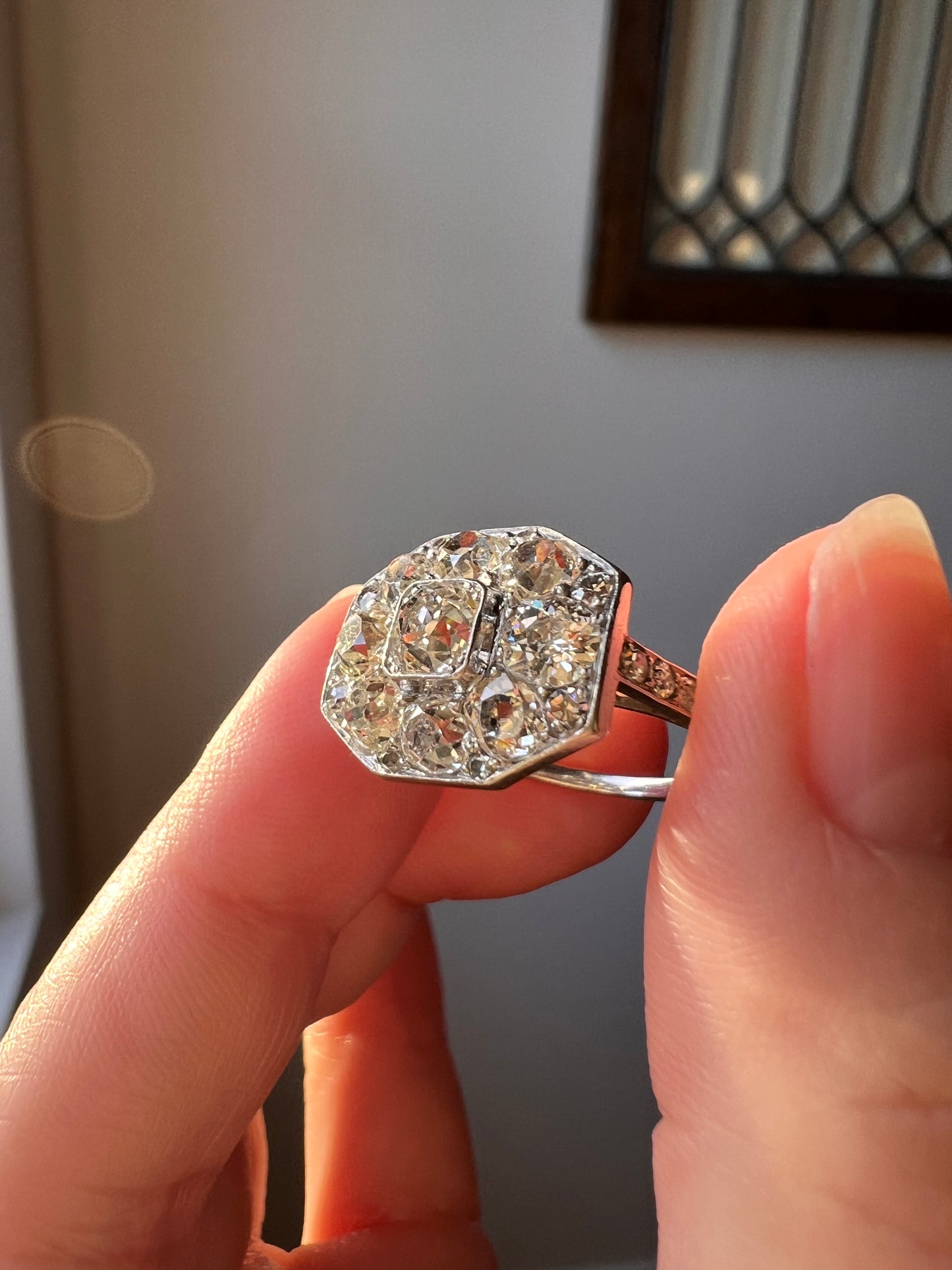 Large 2.4 Carats OCTAGON Shield French Antique PLATINUM Ring Old Mine & European Cut DIAMONDS Edwardian Cluster