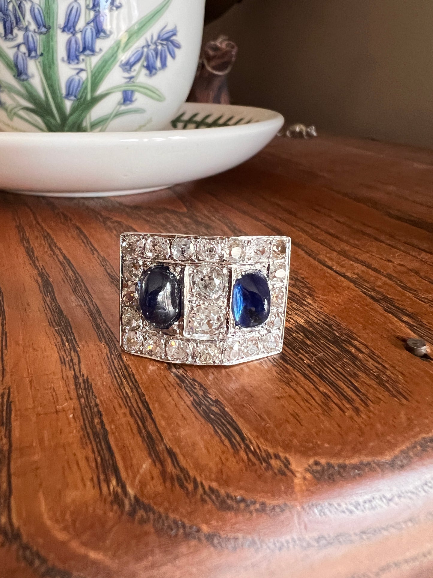 Mega 3.8 CARAT Old Mine Cut DIAMOND Two Sugarloaf Sapphire XL Heavy French Vintage 18k Gold Platinum Tank Ring Chunky Blue