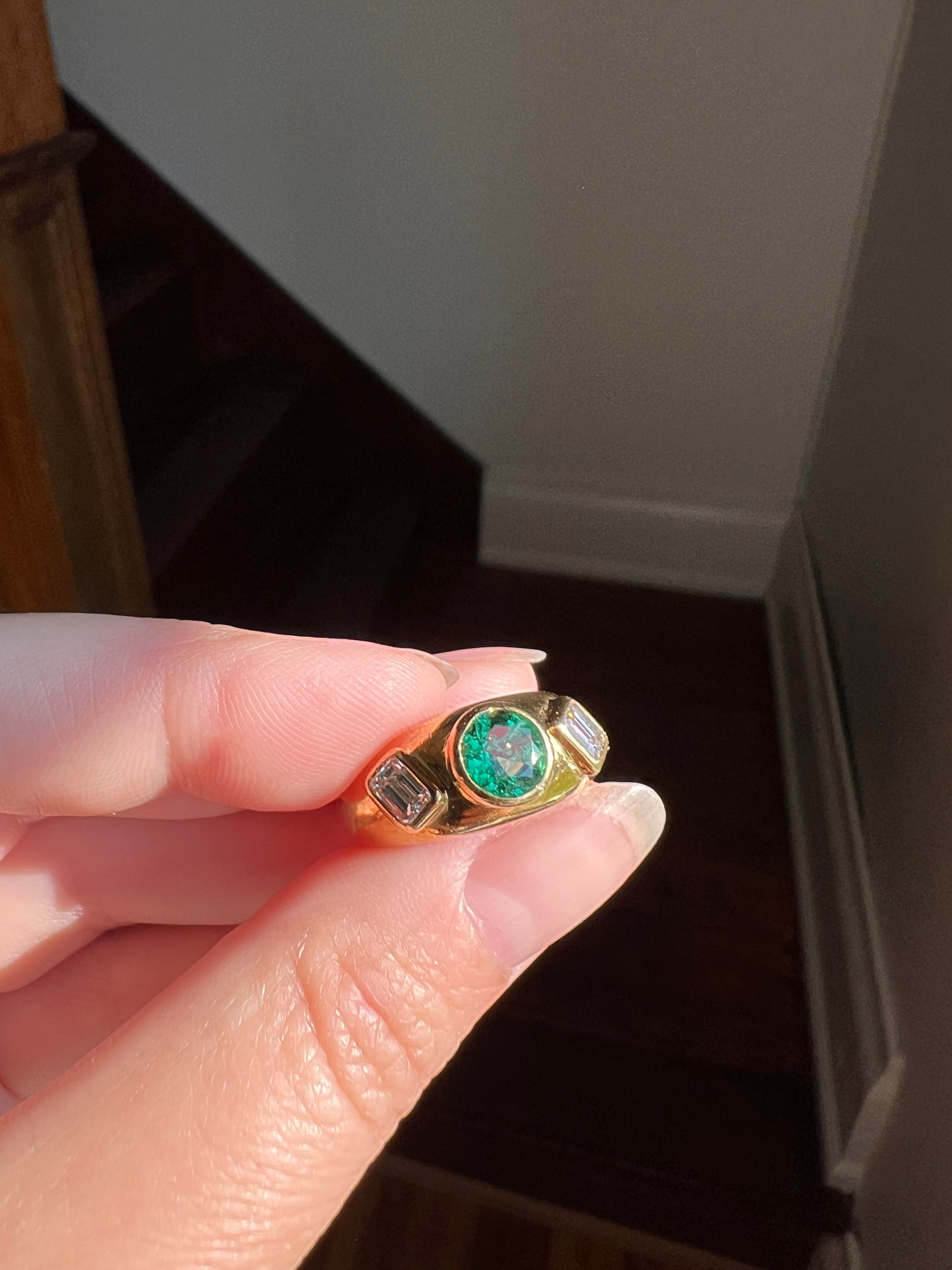 BAGUETTE Diamond Green EMERALD Heavy Vintage Three Stone Gypsy Ring French 18k Gold Wide Band