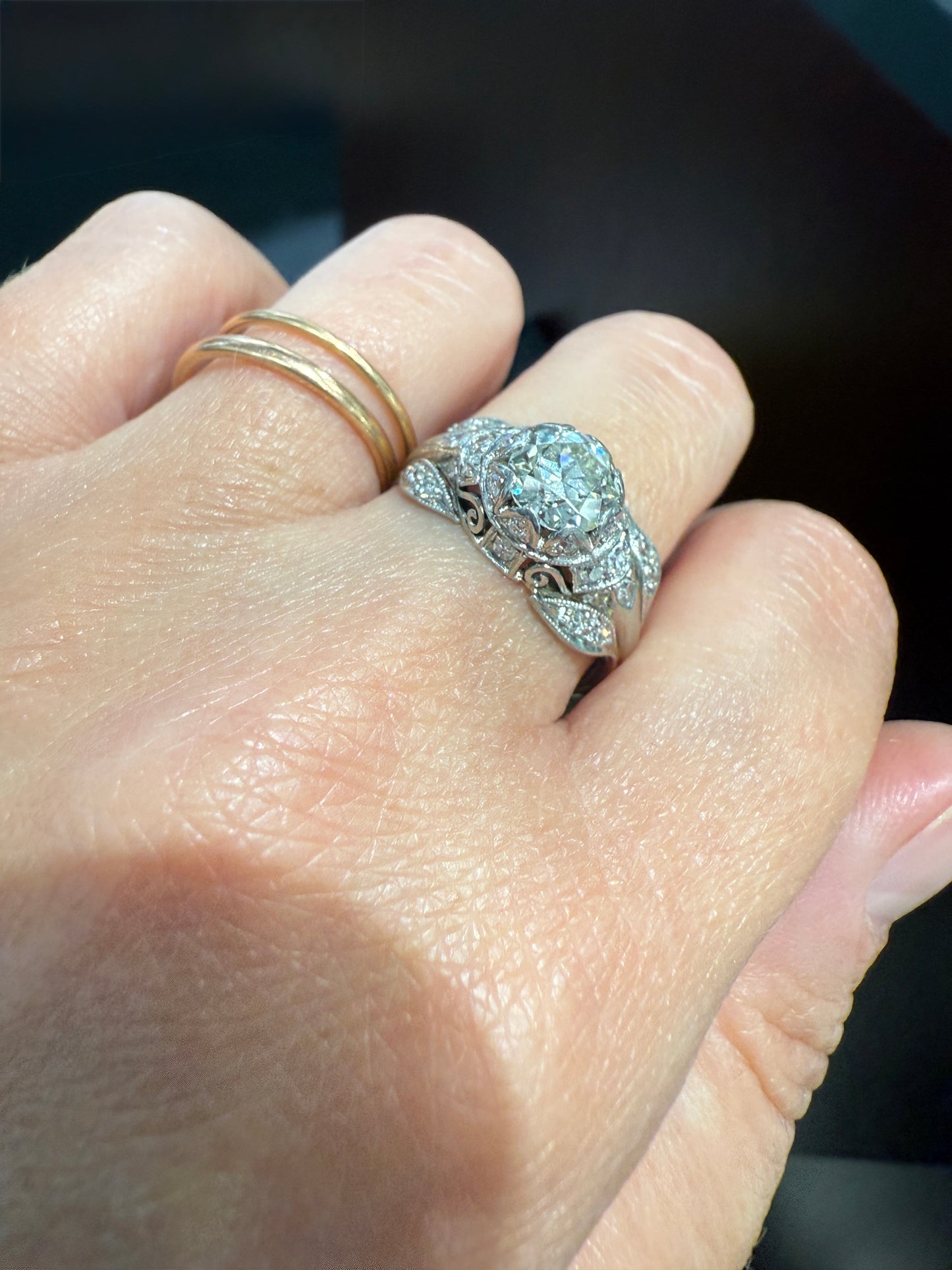 PLATINUM 1.7Ctw Art Deco Eye CLEAN Old European Cut Diamond Solitaire Engagement Ring w/ Wedding Set Wrap Encrusted Leaf Prong Antique c1928