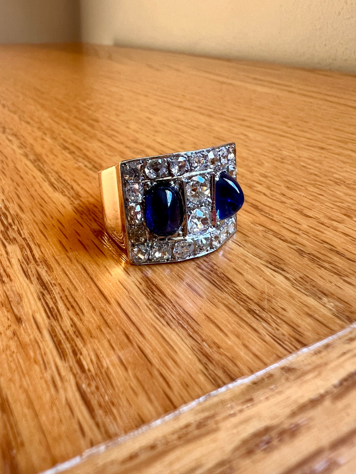 Mega 3.8 CARAT Old Mine Cut DIAMOND Two Sugarloaf Sapphire XL Heavy French Vintage 18k Gold Platinum Tank Ring Chunky Blue