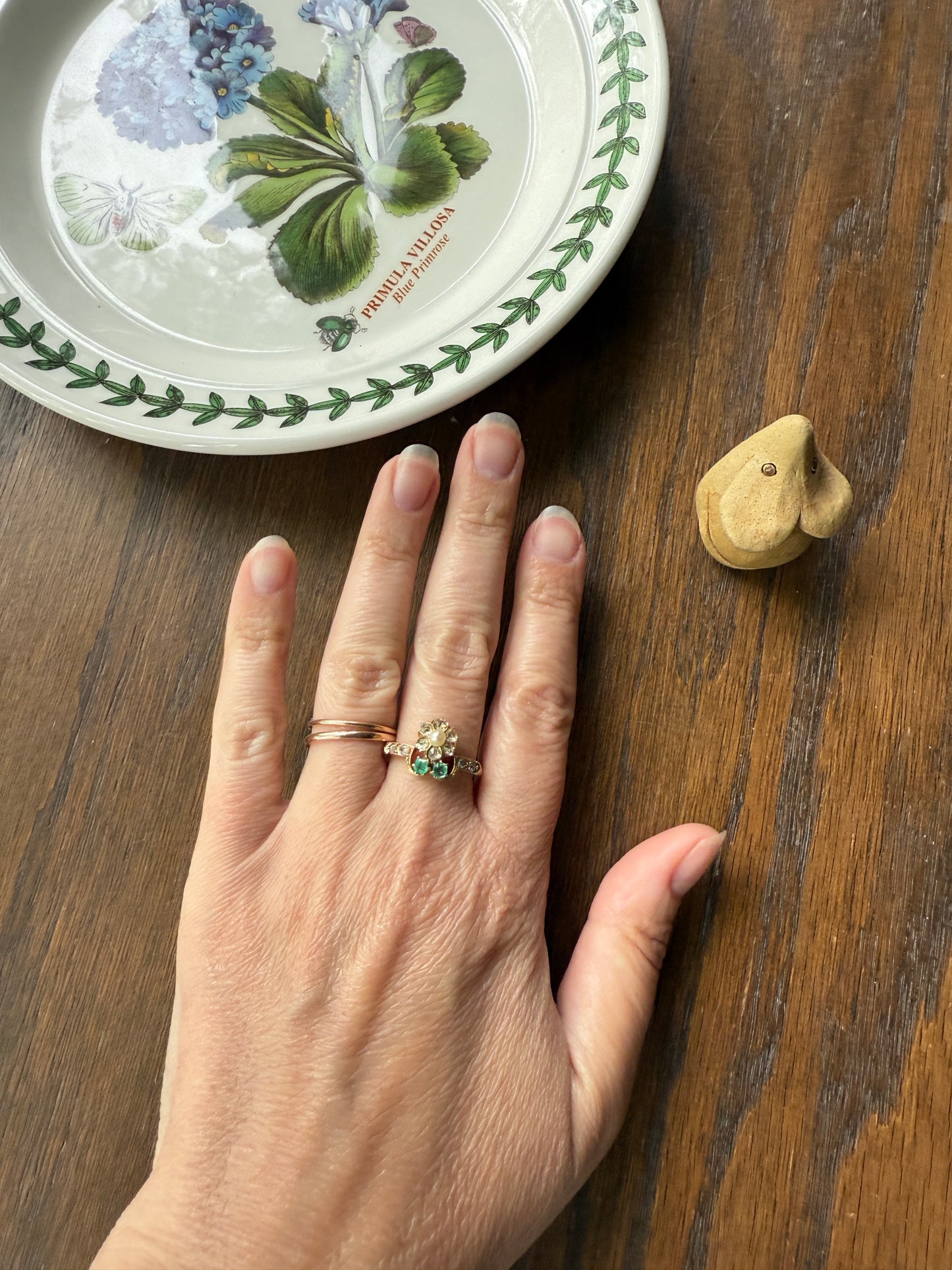 FLORAL Unique Emerald Rose Cut DIAMOND Pearl Figural Ring French Antique 18k Gold Victorian Stacker Green Sparkle Halo Flower Belle Epoque