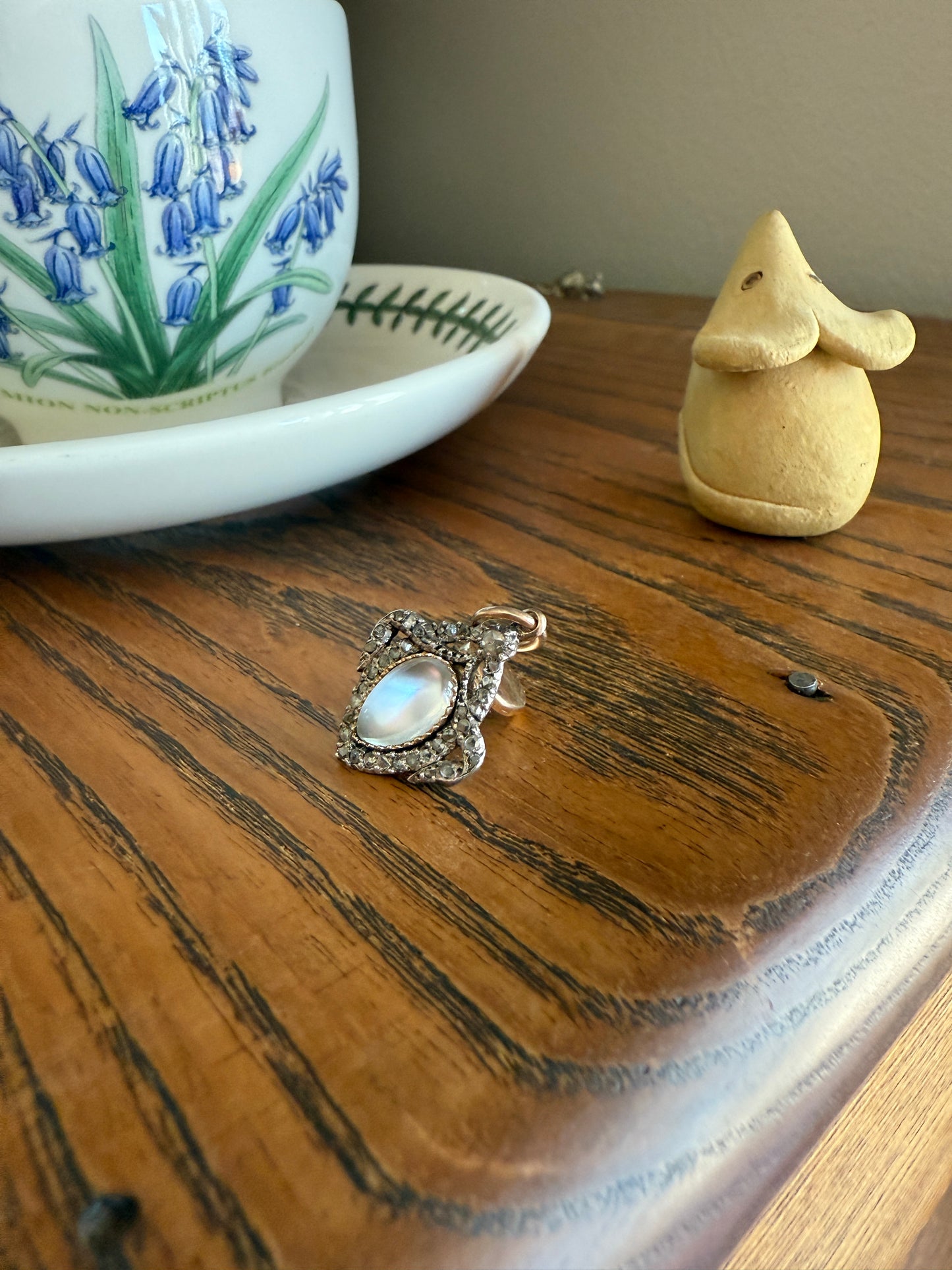 GEORGIAN Antique Bowed HEART Garland Halo Locket Back Pendant 10k Gold Silver Moonstone Rose Cut DIAMOND Magnifier Gift Figural