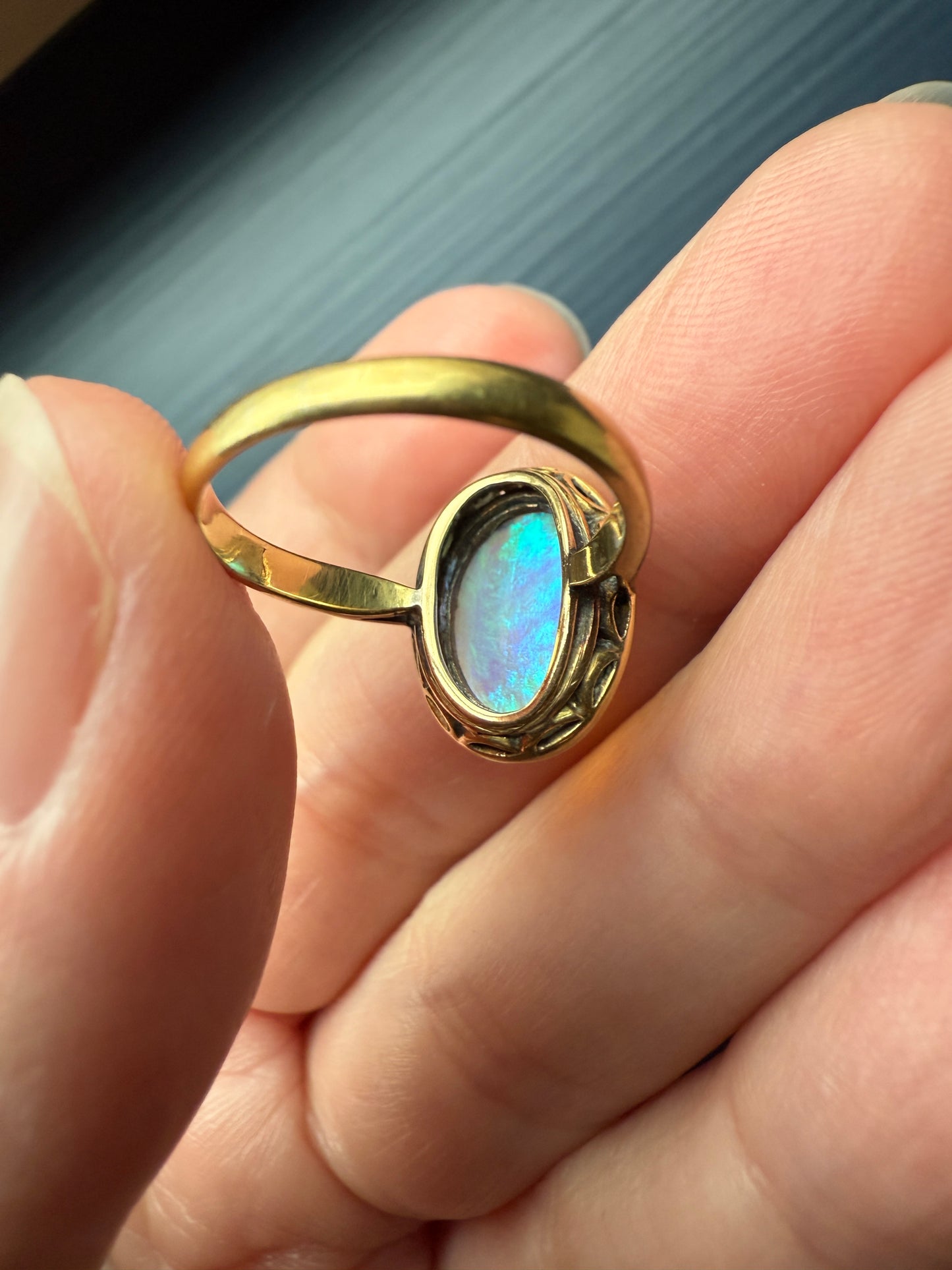 BLUE Opal Carre Cut EMERALD HALO Ring Antique 18k Gold Oval Geometric Bullseye Target Channel Set Green Victorian