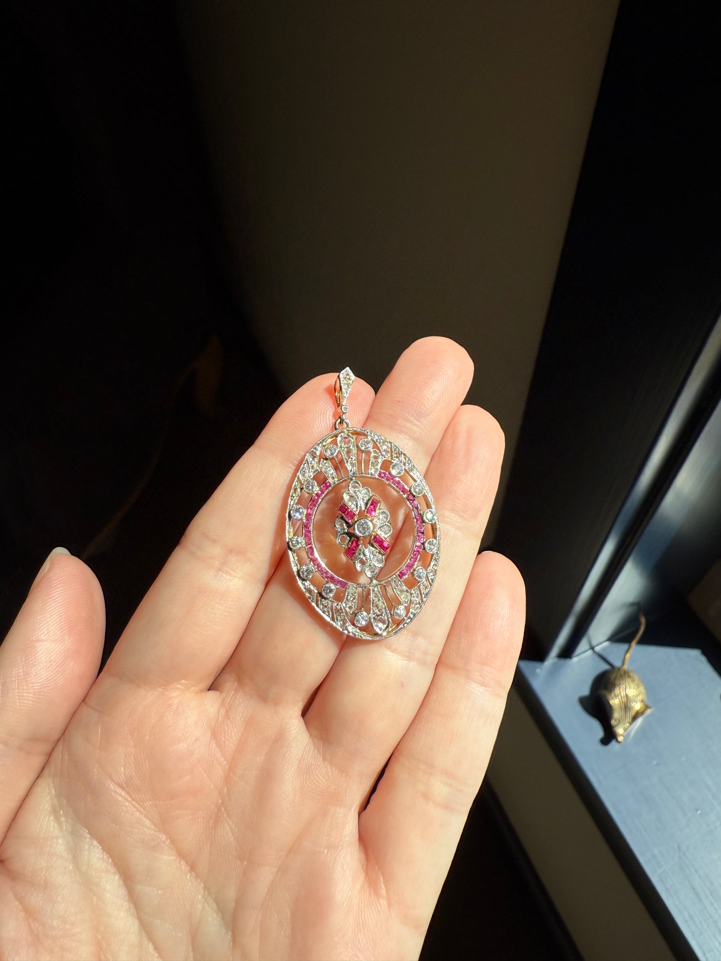 XL French Edwardian Ruby 1.75 Carat Old Mine Rose Cut DIAMOND 18k Gold Oval Pendant Open Work Medallion Pink Carre Cut Halo