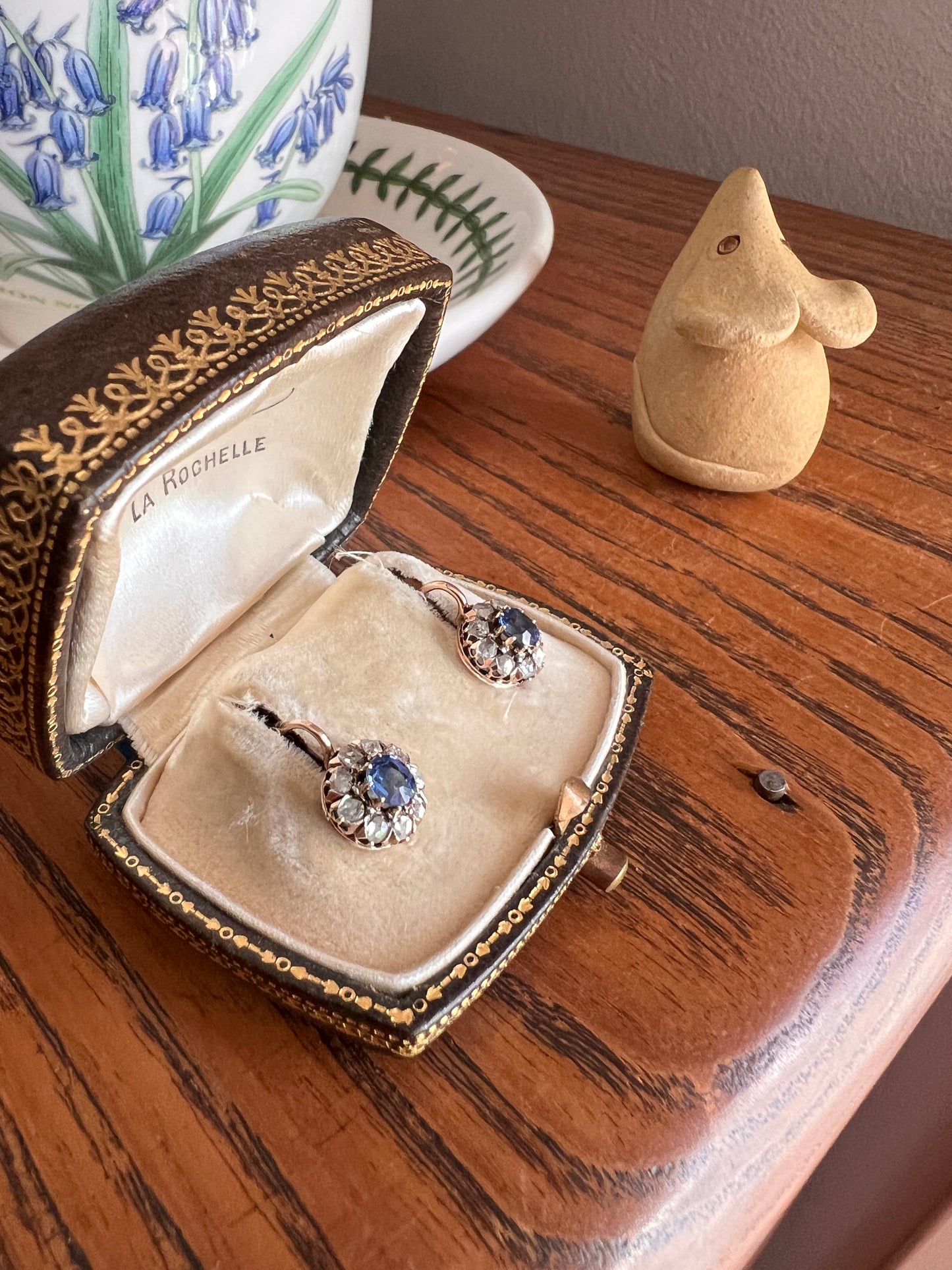 Antique Blue SAPPHIRE .7 Carat Rose Cut DIAMOND Halo Earrings 14k Gold Victorian Dangle Dormeuse Gift Bridal Something Old Blue Holiday Gift