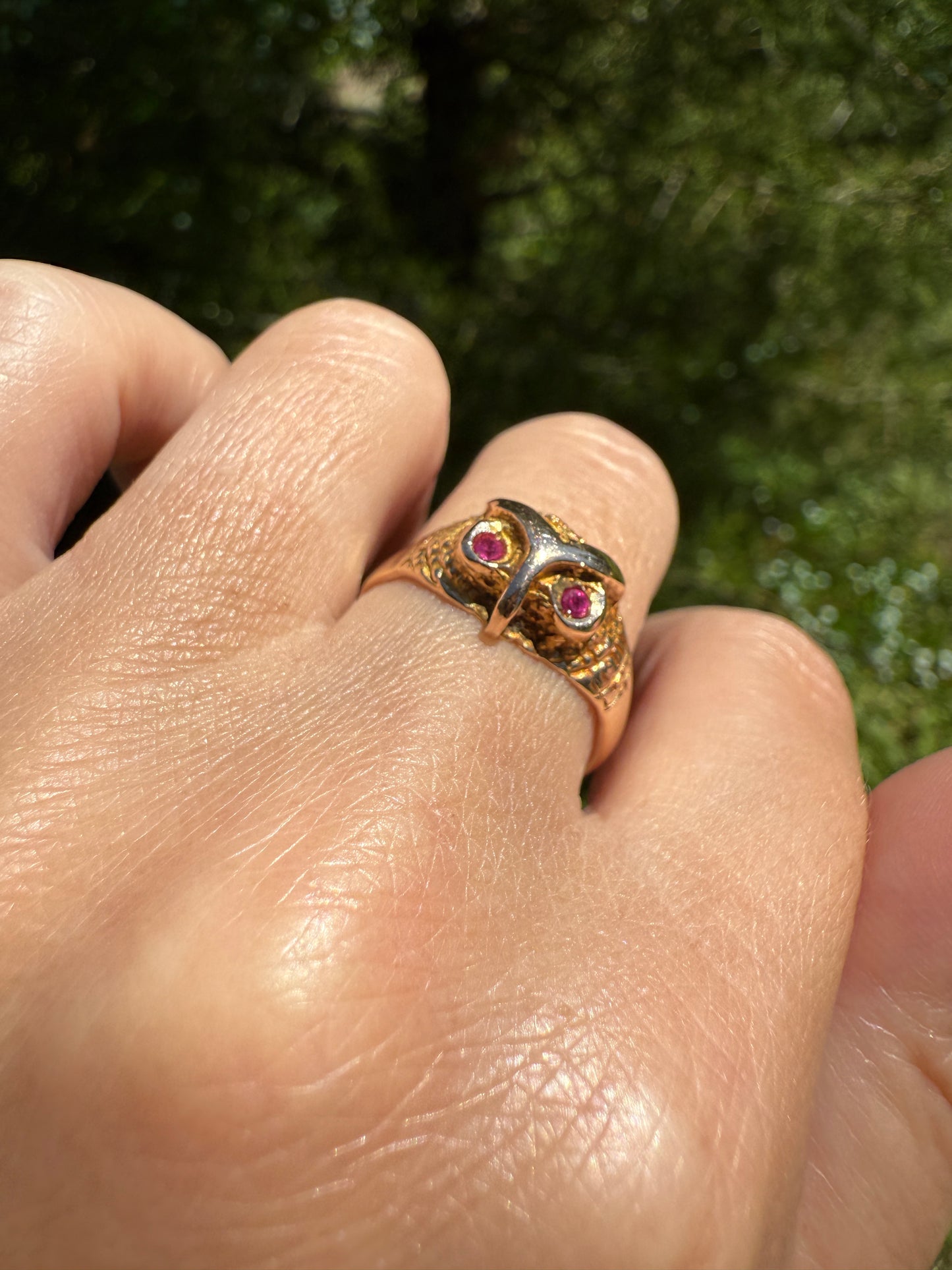 OWL French Vintage 18k Gold Perched Figural Ring Diamond and Ruby Eyes
