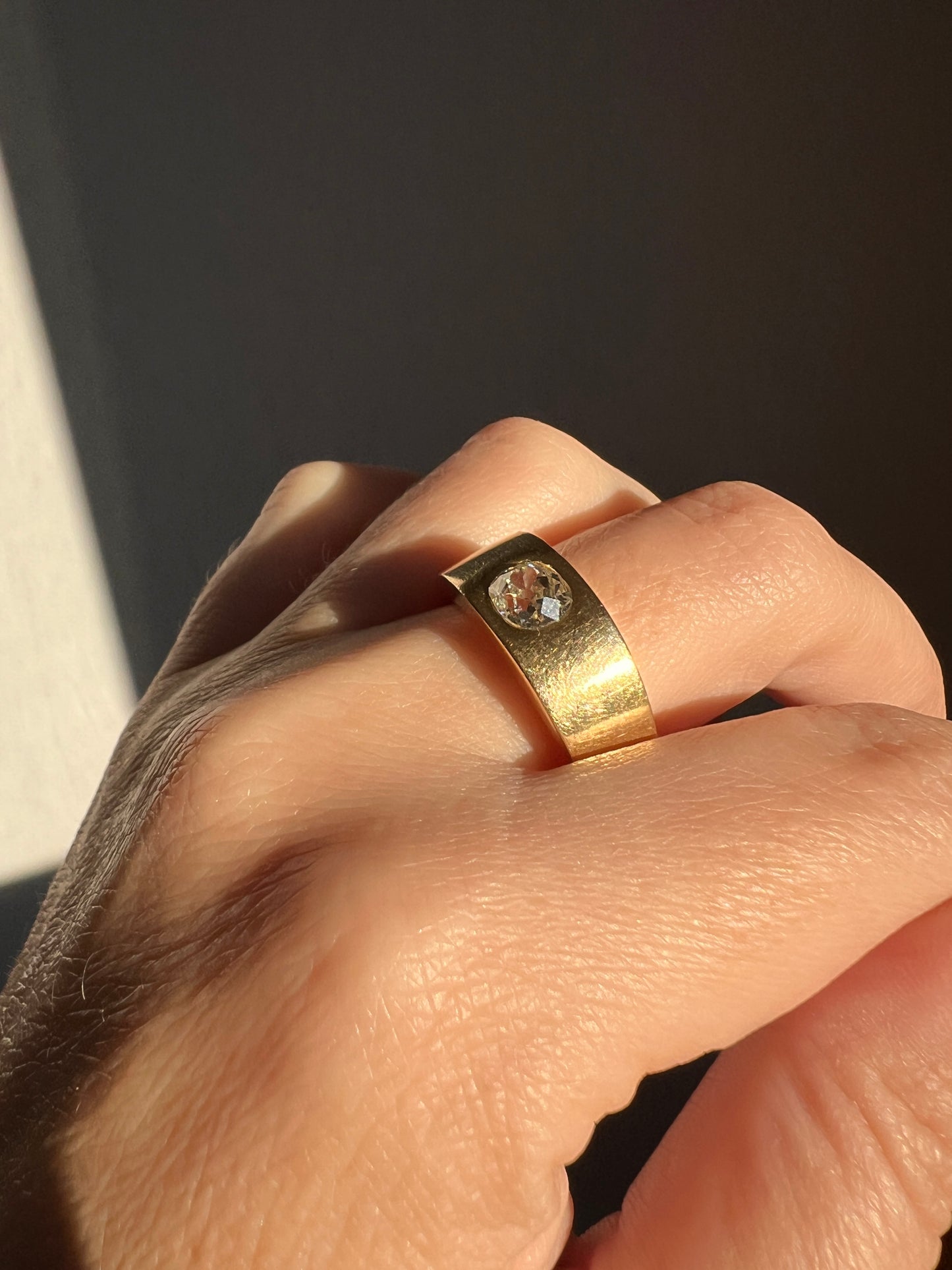 HEAVY .8 Carat Antique Eye Clean Old Mine Cut DIAMOND French Vintage 13g 18k Gold Gypsy Band Ring Solitaire Gift Stacker Chunky Unisex Man
