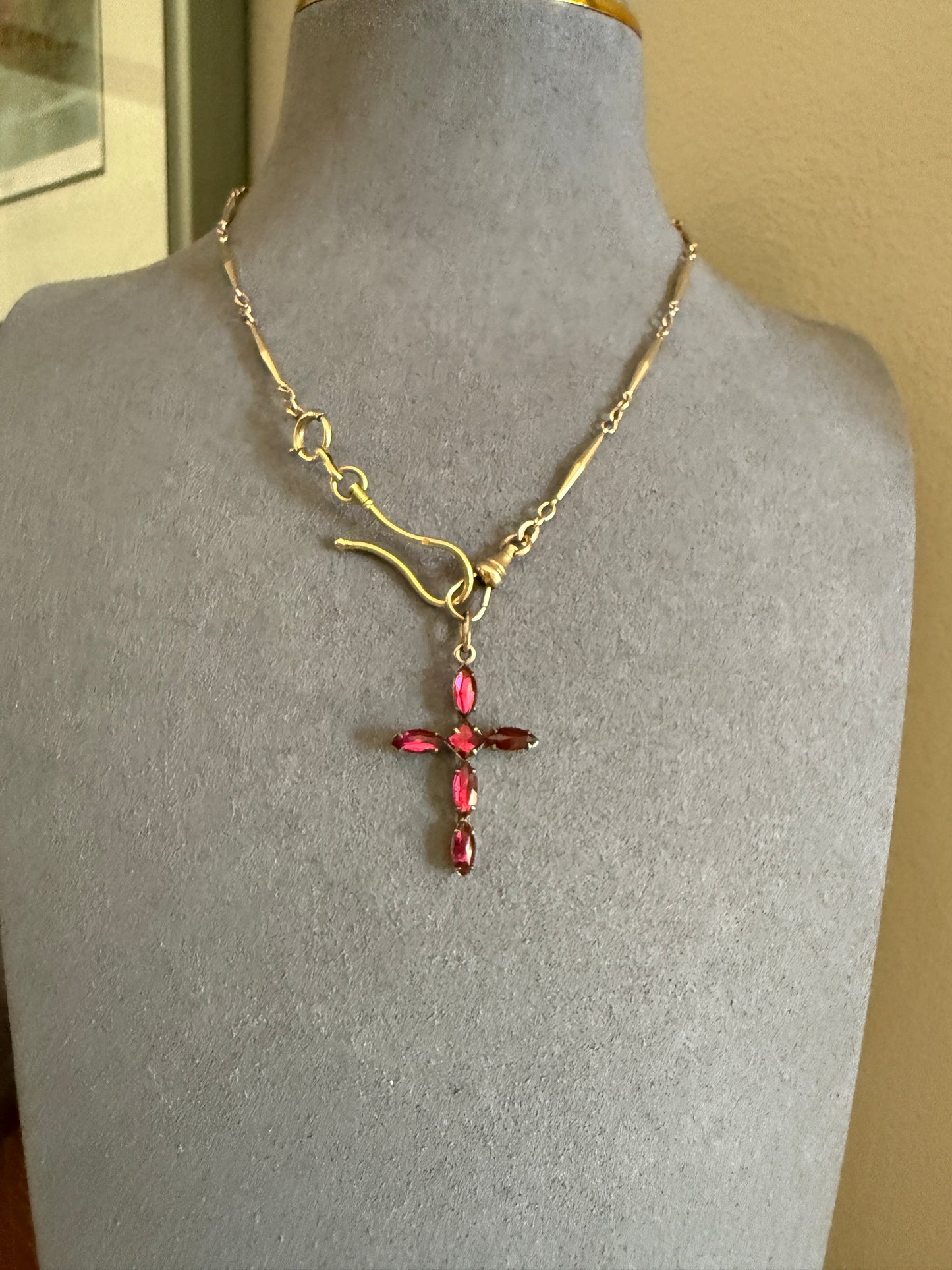CROSS Figural Pendant French Antique Gold Fill Vibrant Pink Fuchsia Paste Rhinestone Faux Perpignan Garnet Marquise